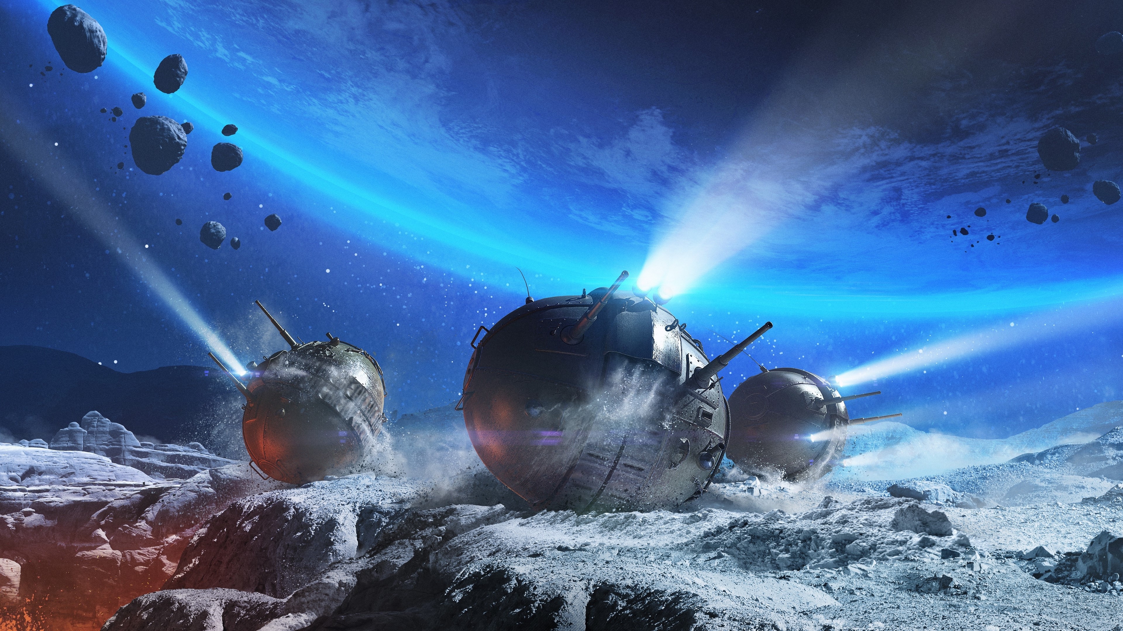 Spherical tanks on an alien planet with a ringed planet in the sky HD Wallpaper