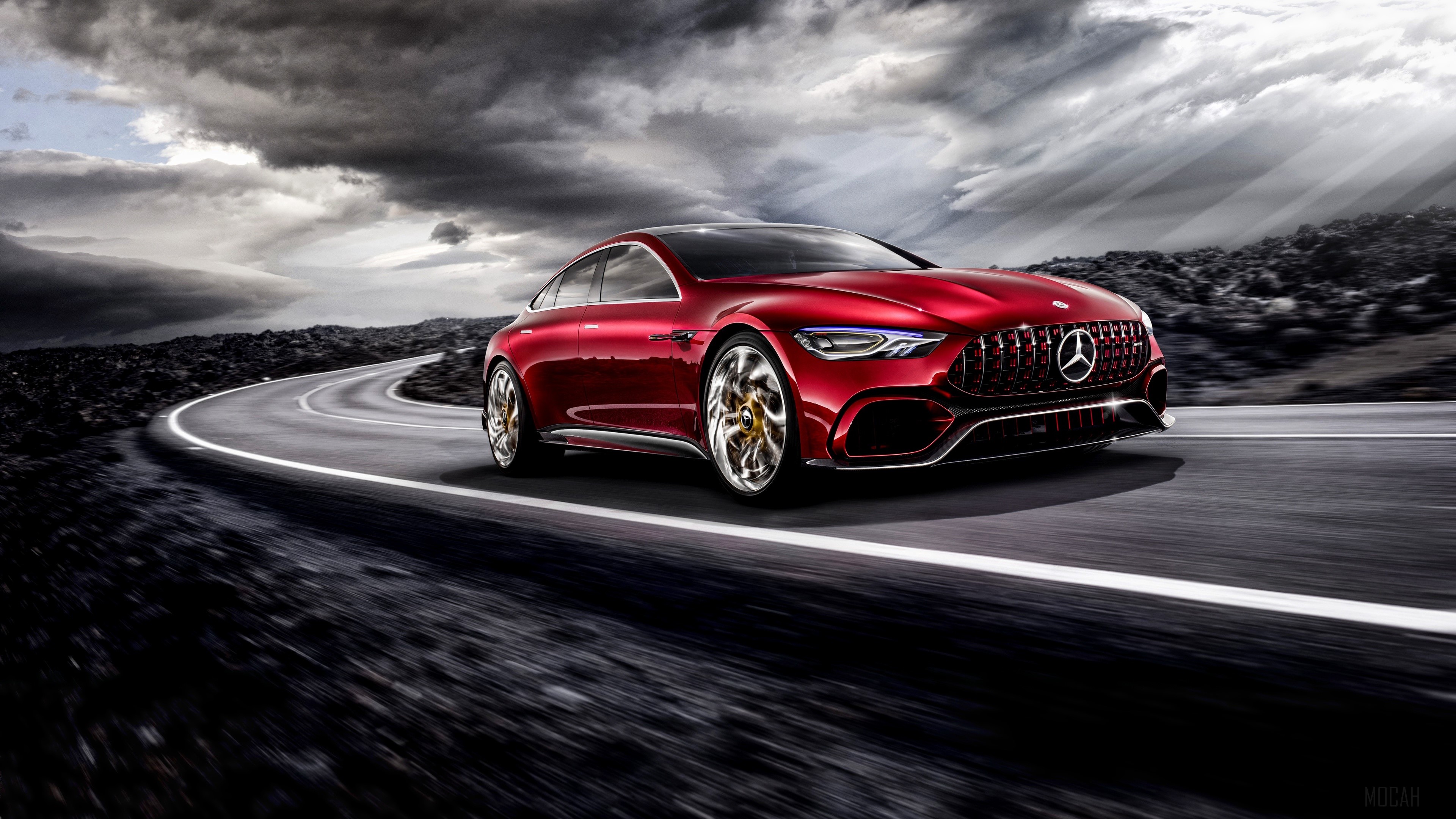 Red Mercedes AMG GT 4-door Coupe on a Winding Road 4K HD Wallpaper