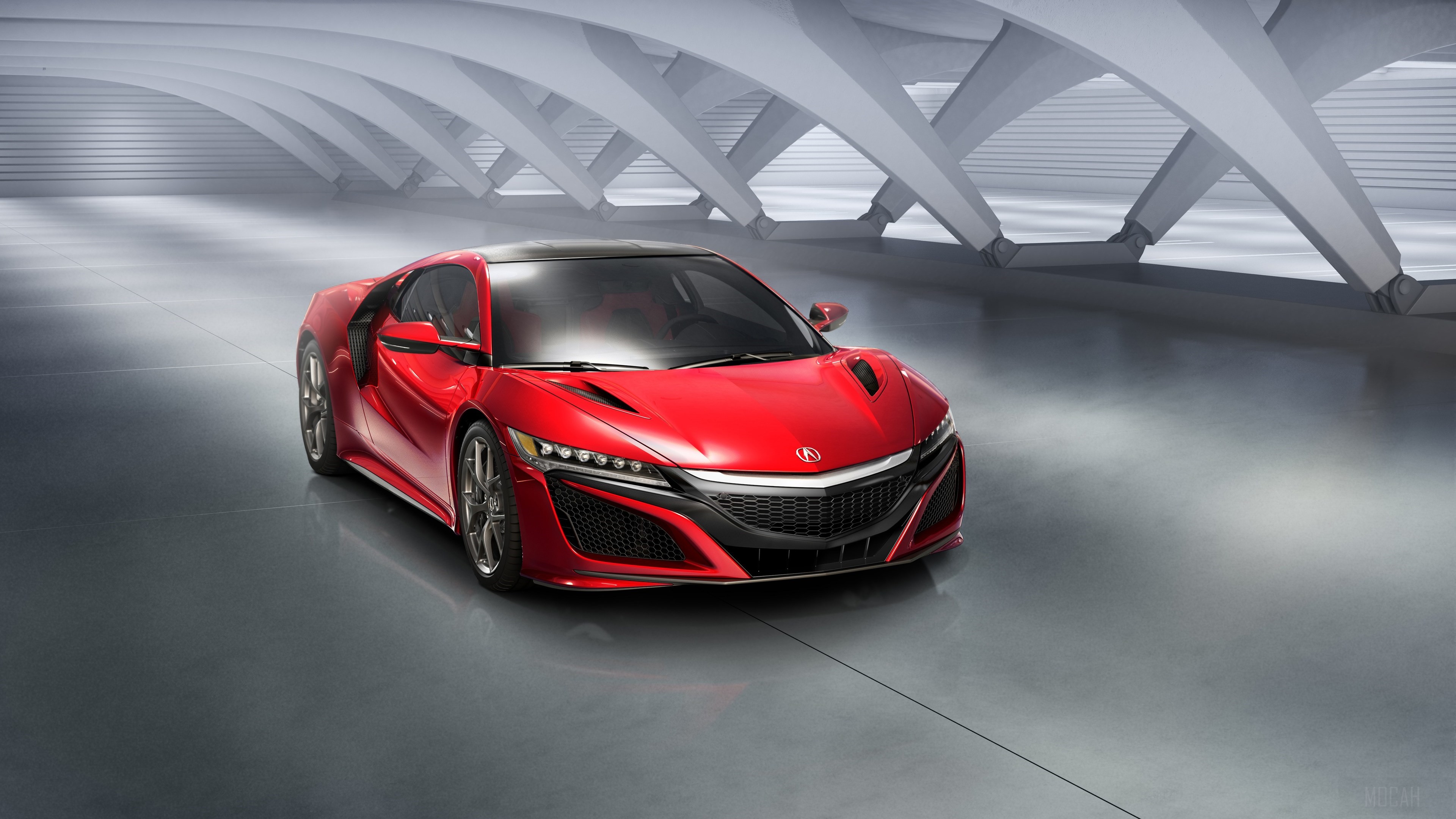 Red Acura NSX sports car in a modern showroom HD Wallpaper