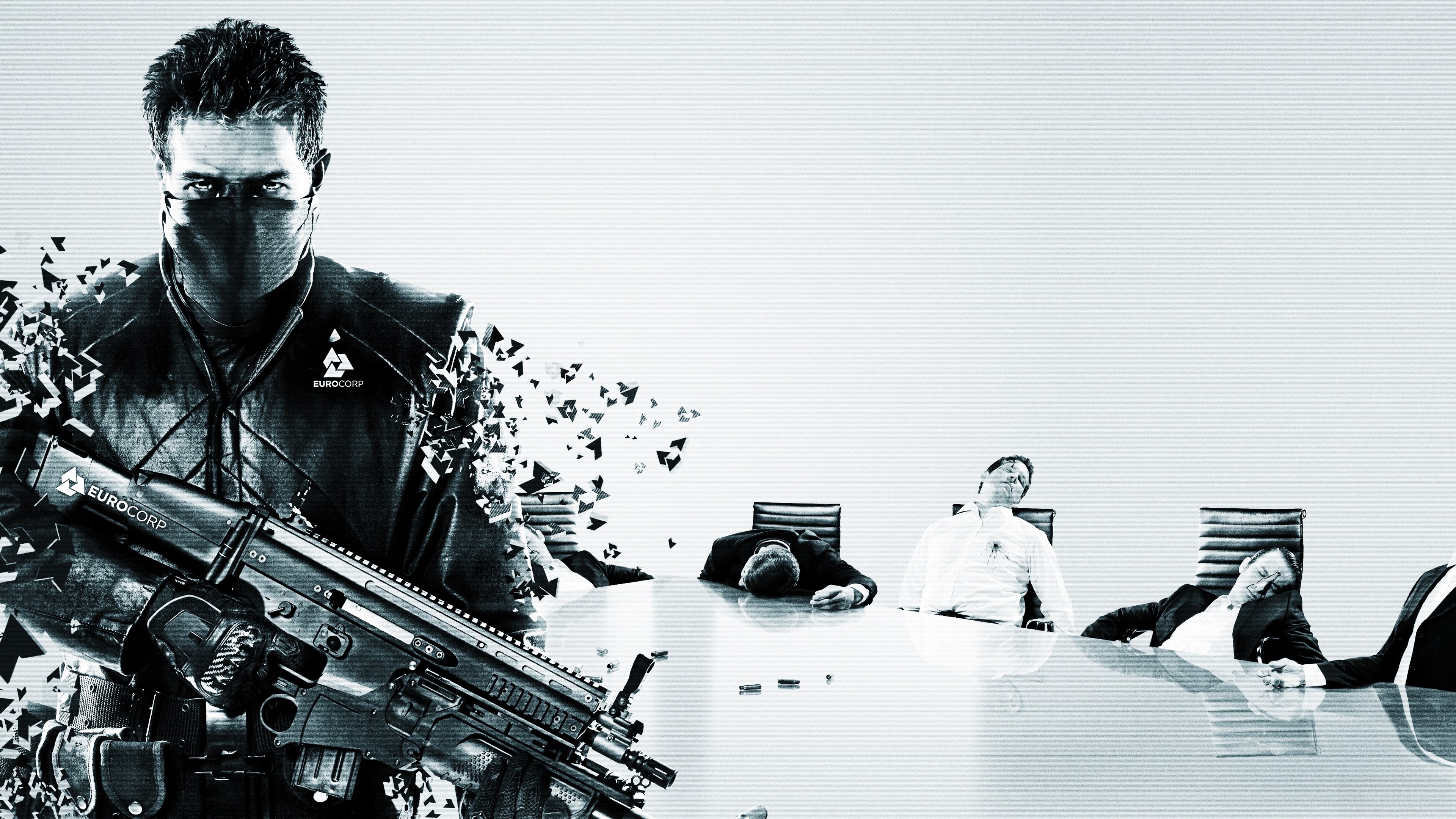 Eurocorp operative with assault rifle in front of sleeping businessmen HD Wallpaper