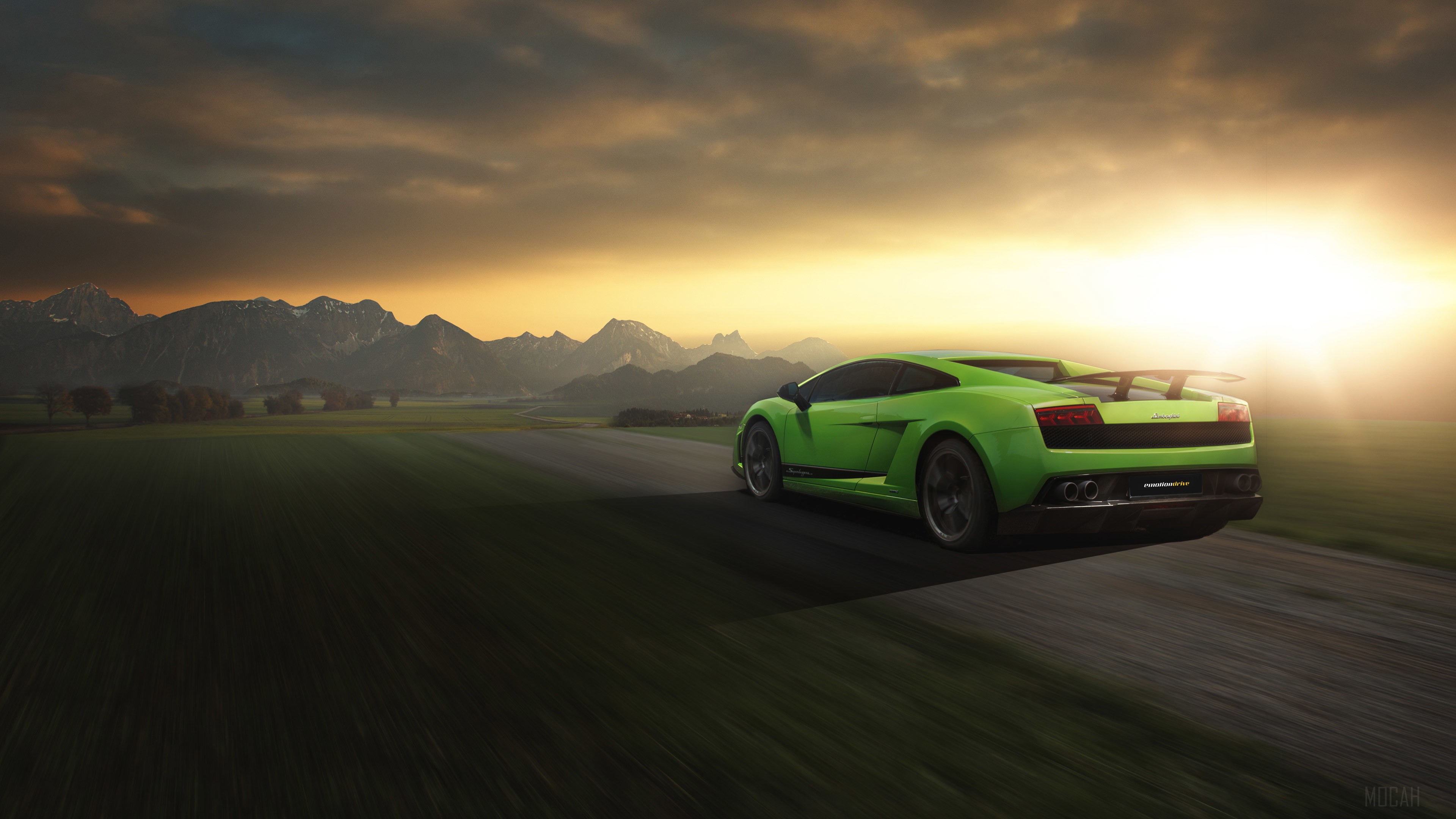 Green Lamborghini Gallardo Superleggera driving at sunset 4K HD Wallpaper