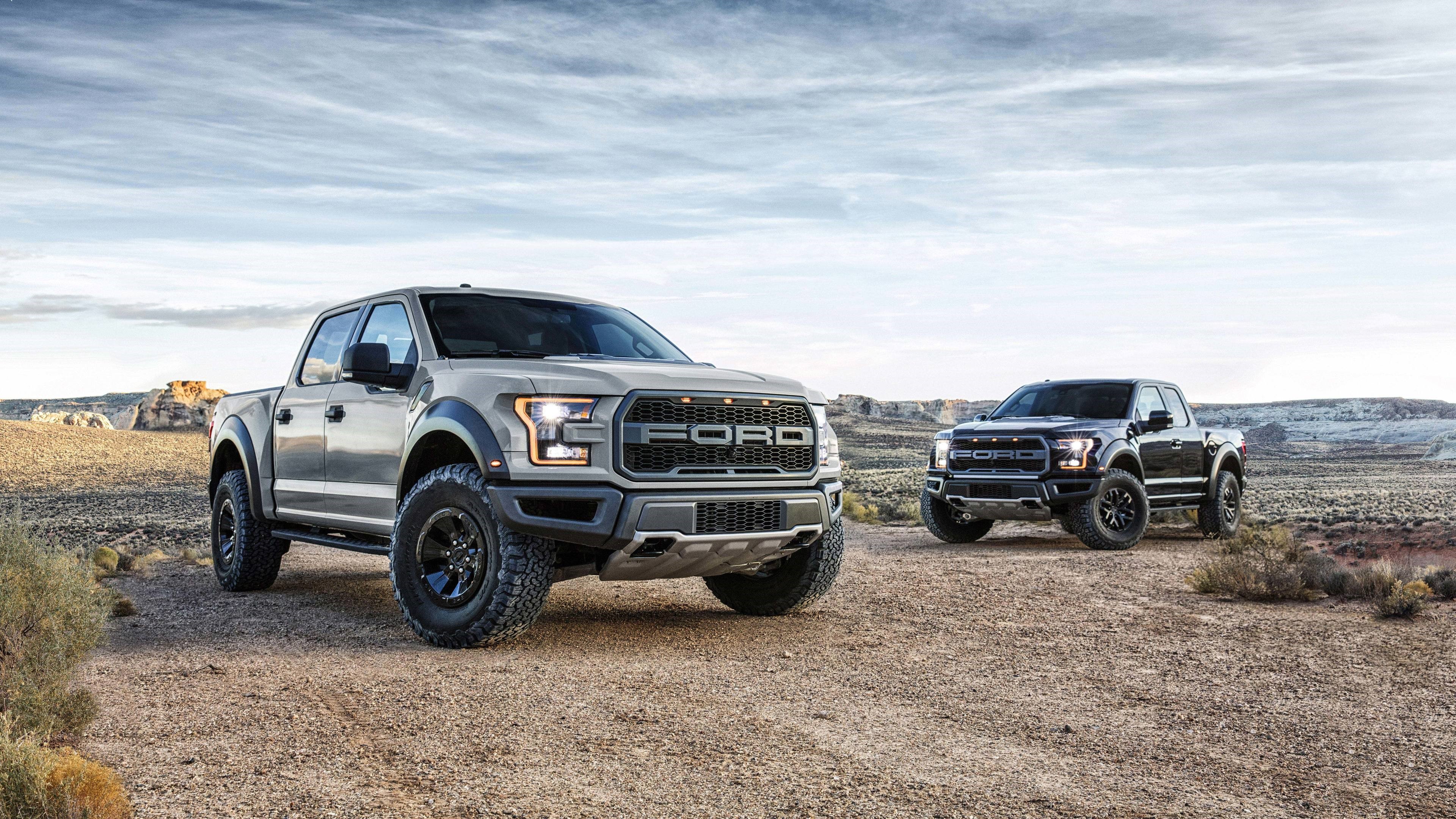 Two Ford F-150 Raptor trucks in a desert landscape HD Wallpaper