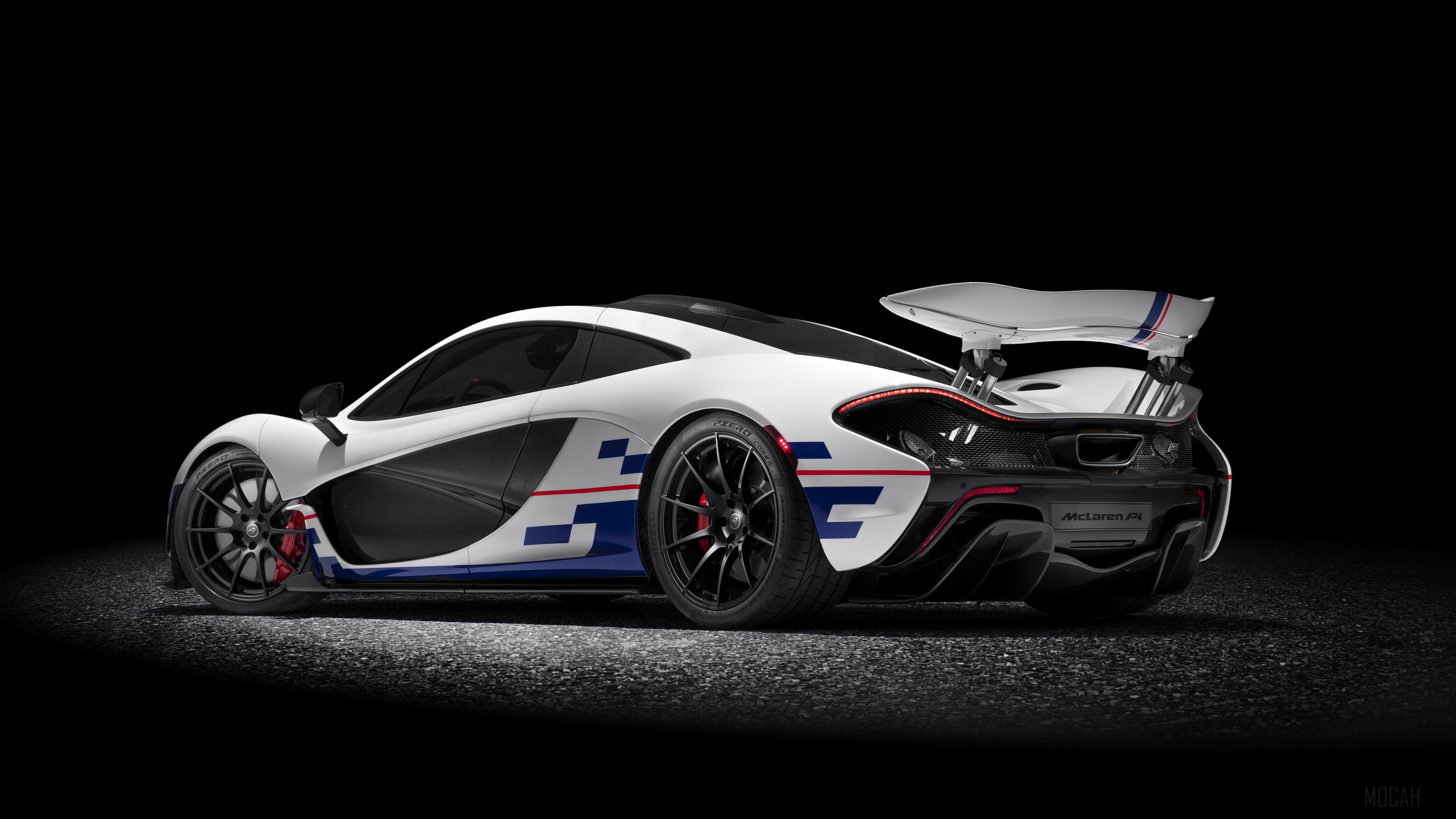 White McLaren P1 with Blue and Red Racing Stripes 4K HD Wallpaper