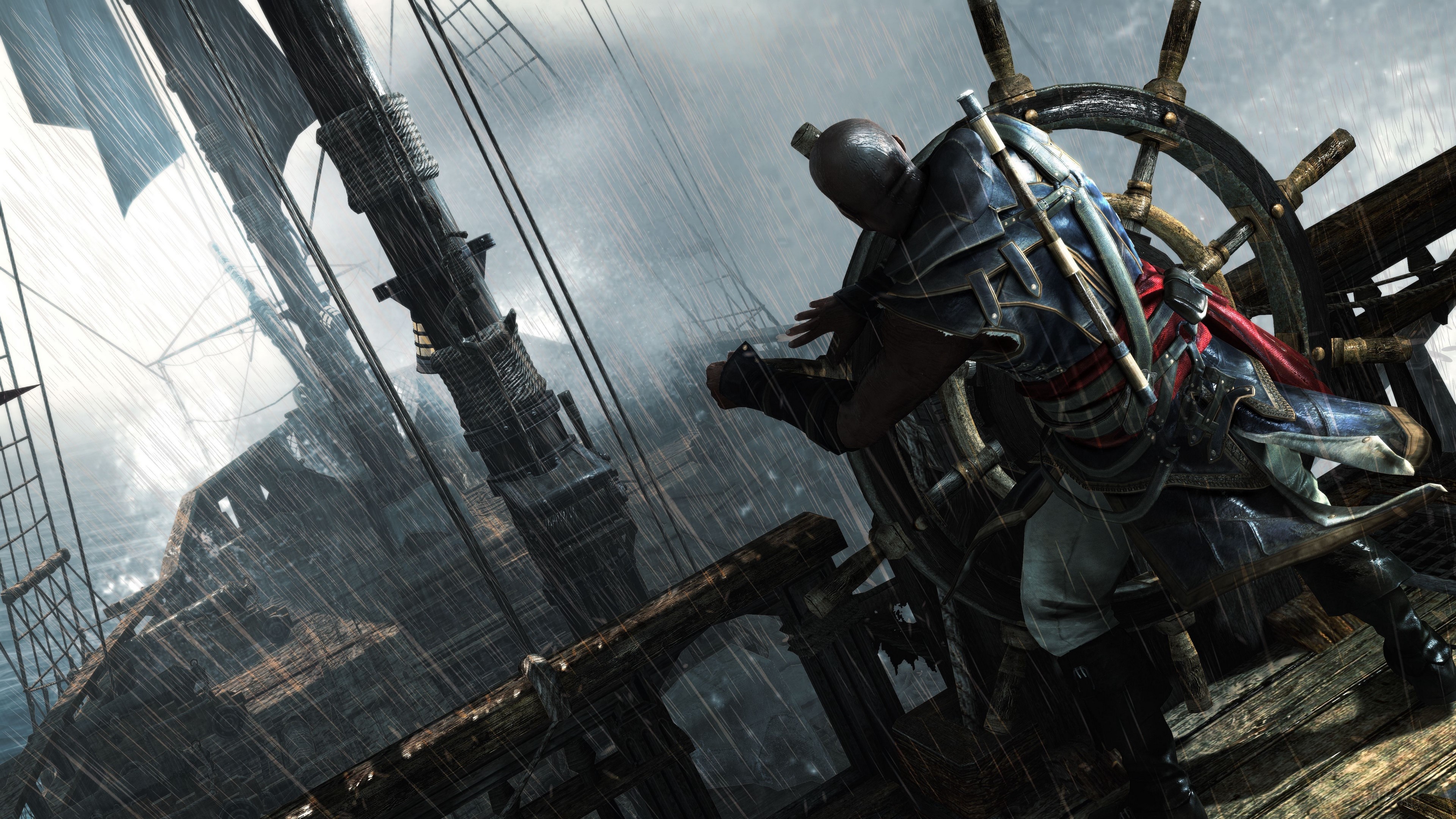 Man at ship's steering wheel during a storm 4K HD Wallpaper