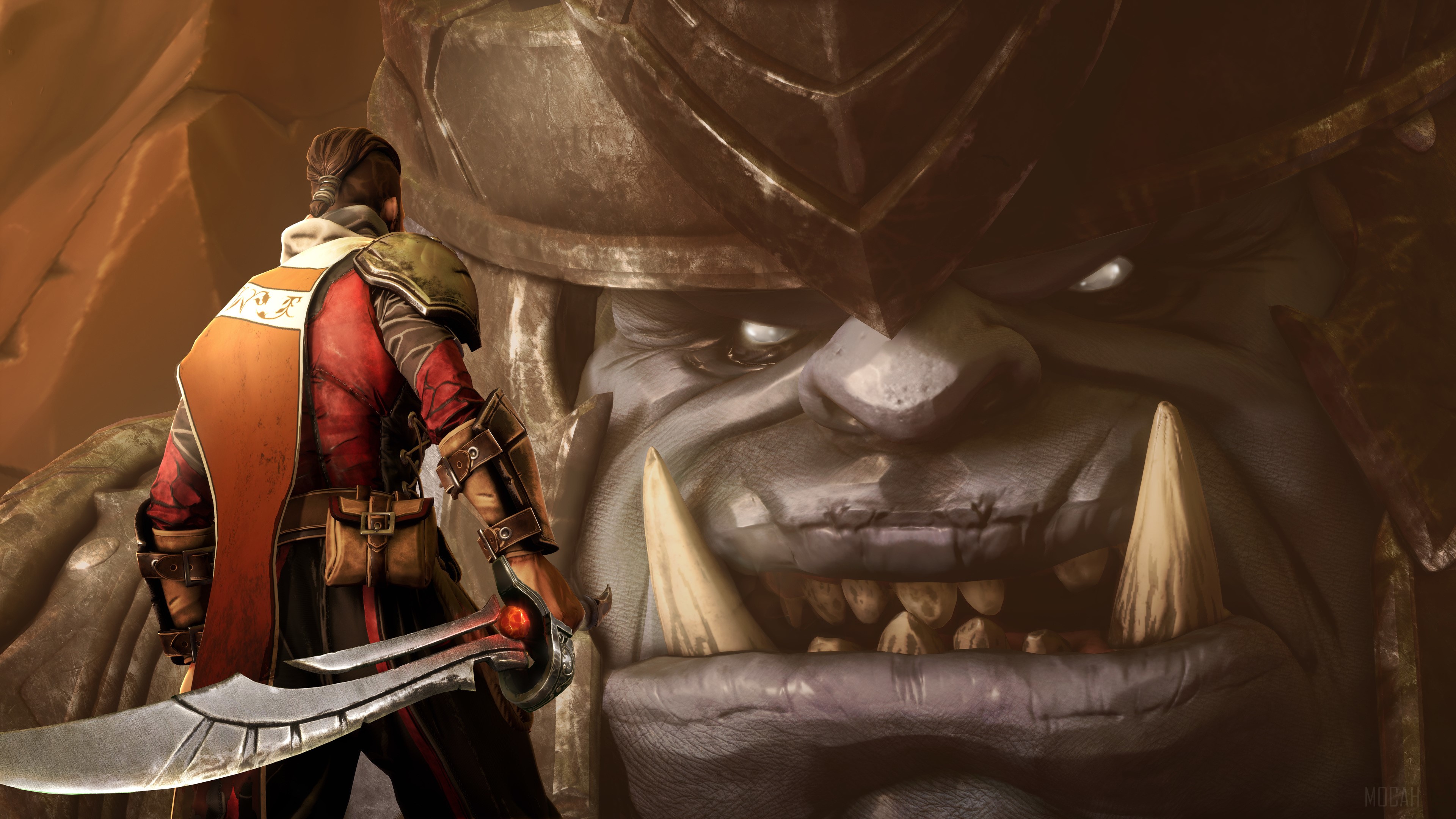 Man with sword facing a giant creature HD Wallpaper