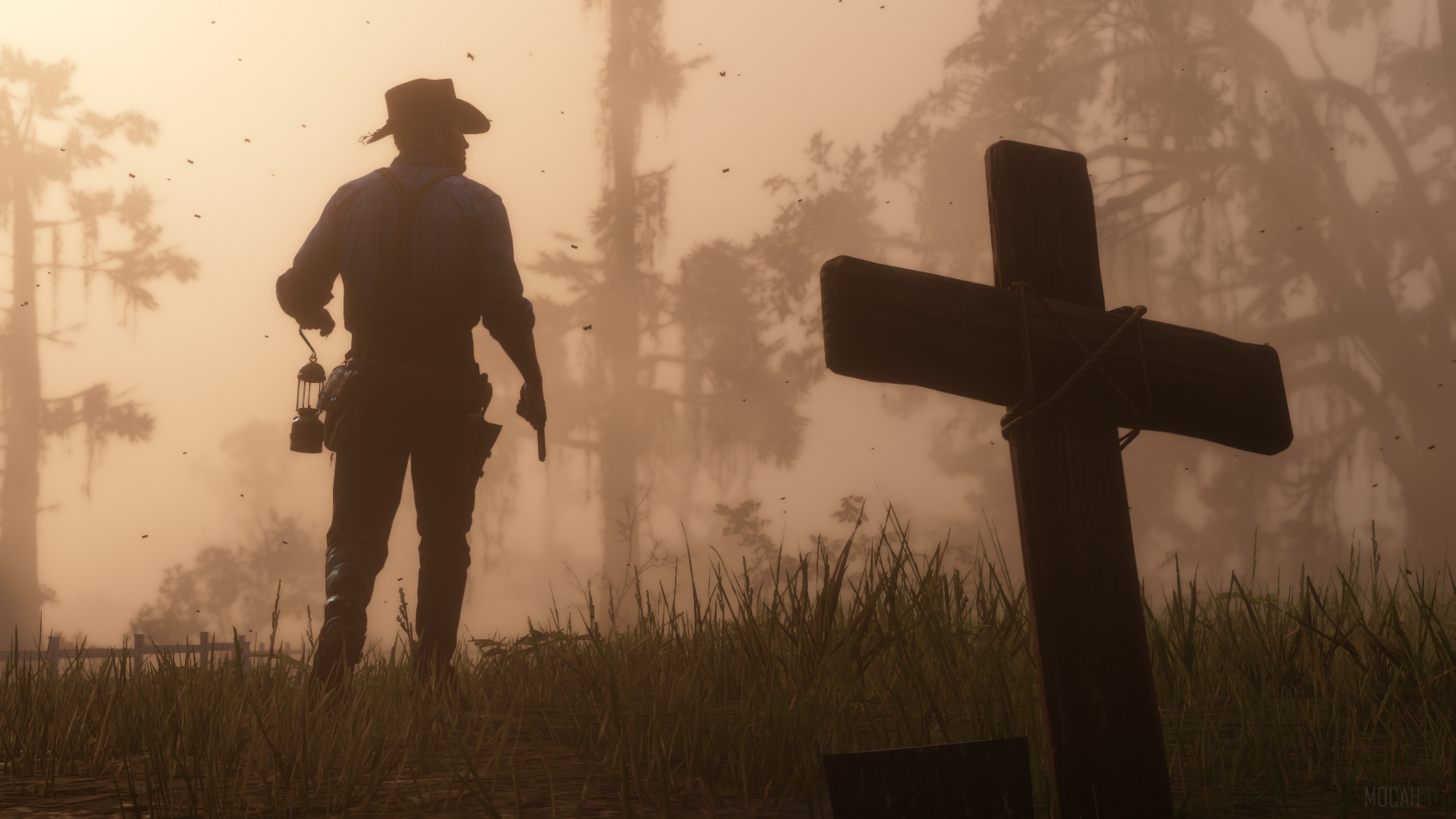 Man with lantern and gun in Red Dead Redemption 2 4K HD Wallpaper