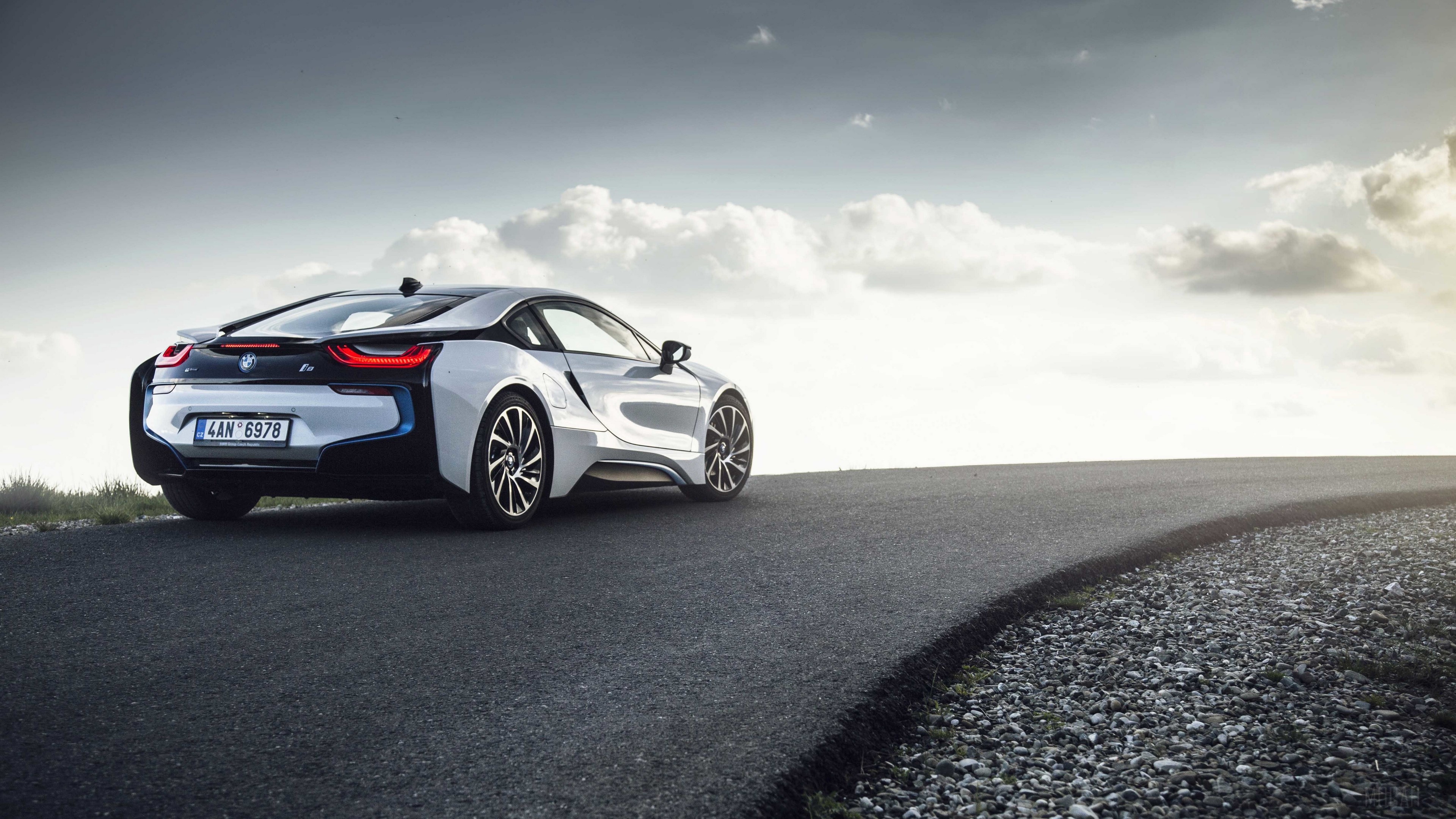 BMW i8 rear view on a road 4K HD Wallpaper