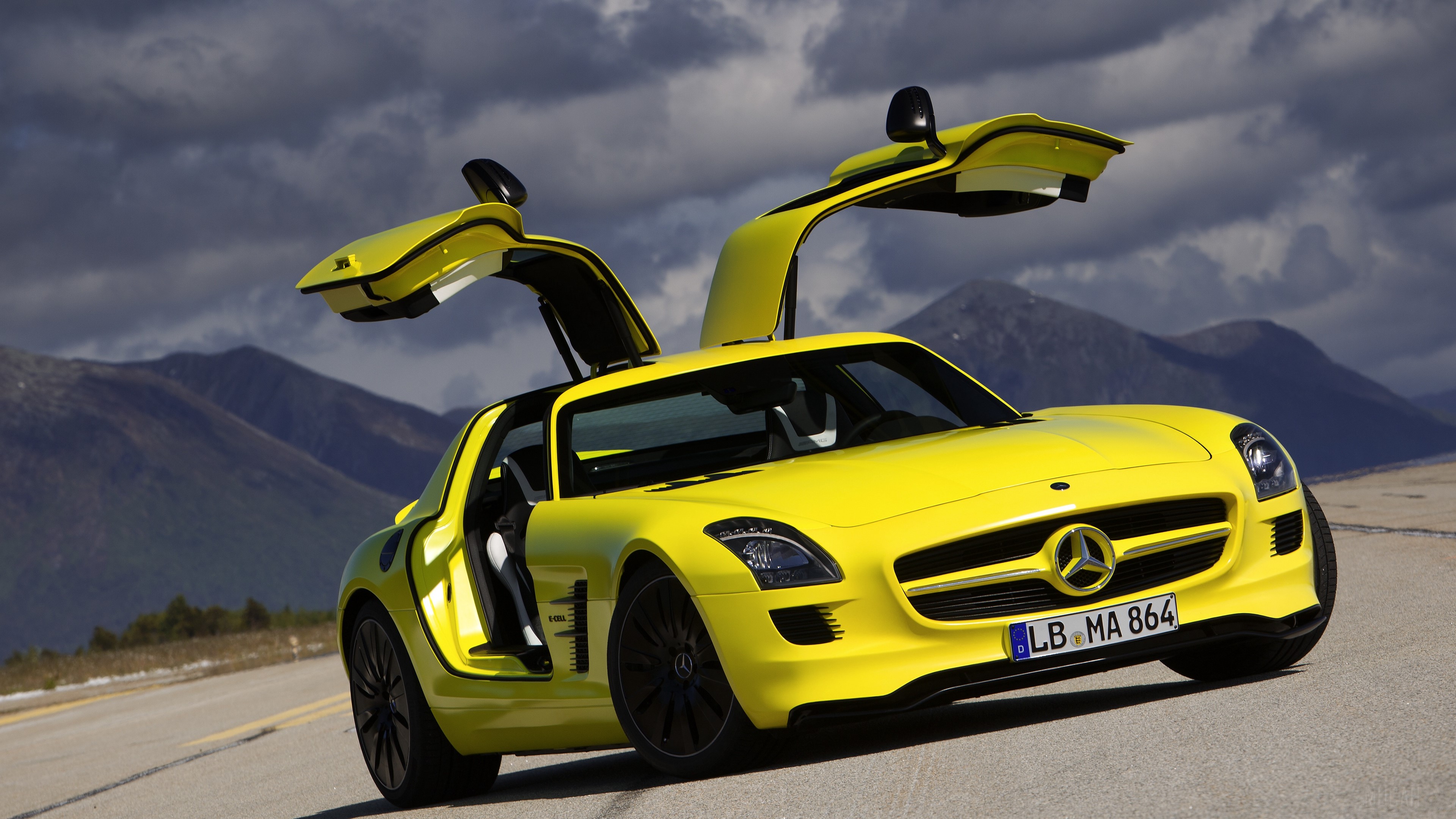 Yellow Mercedes-Benz SLS AMG E-Cell Coupe 4K HD Wallpaper
