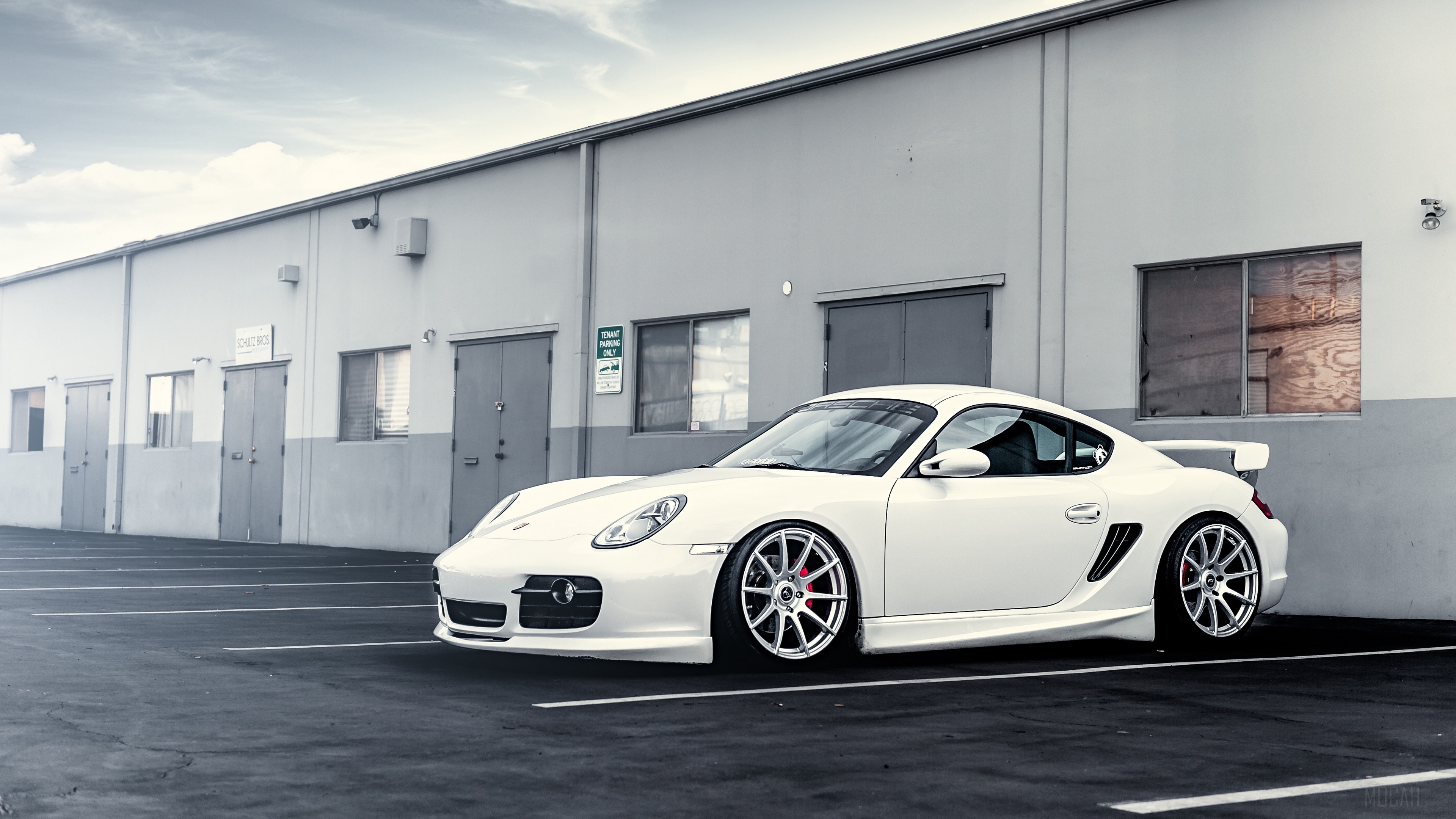 White Porsche Cayman S with custom wheels 4K HD Wallpaper