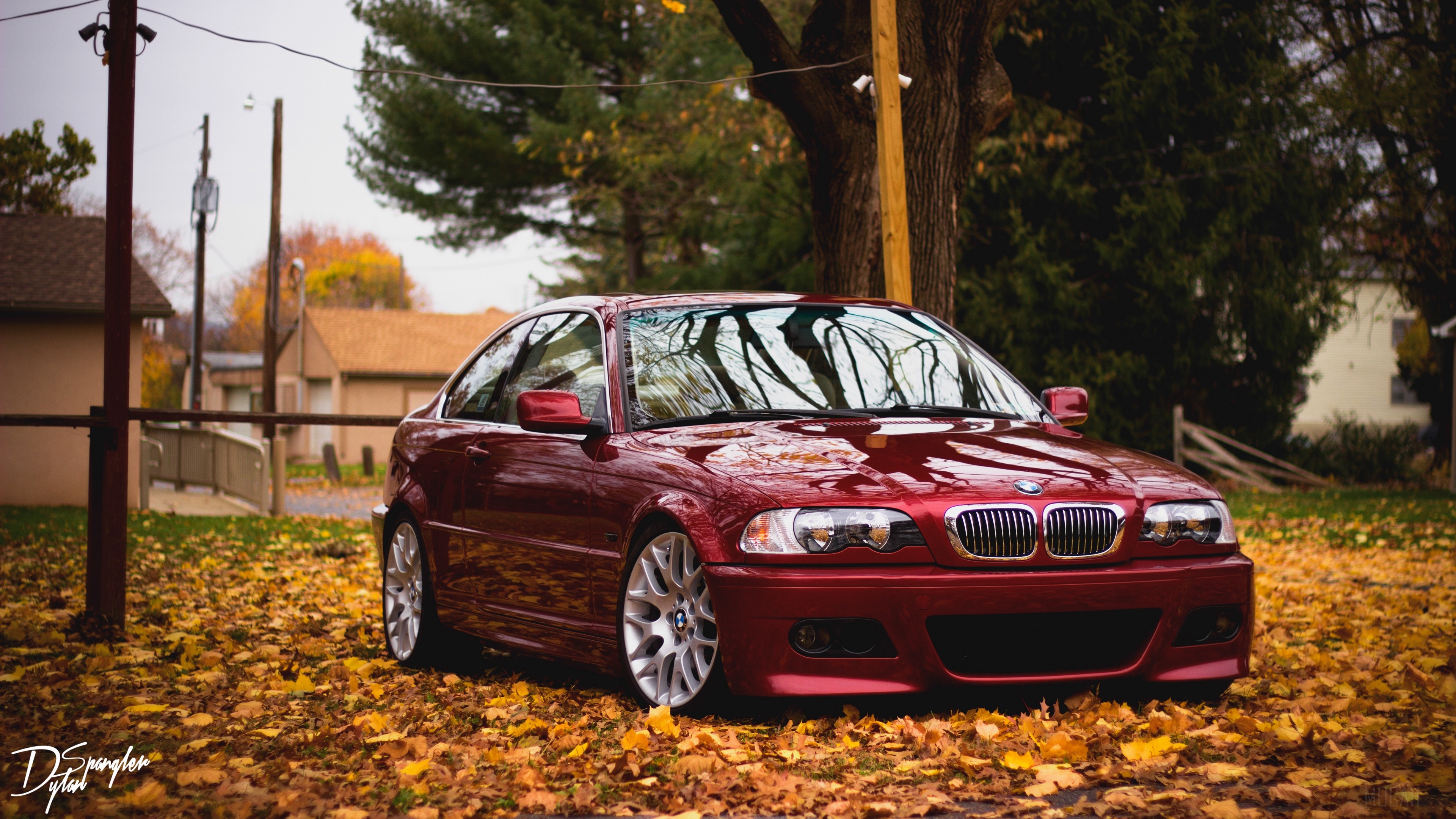 Red BMW car parked on autumn foliage HD Wallpaper