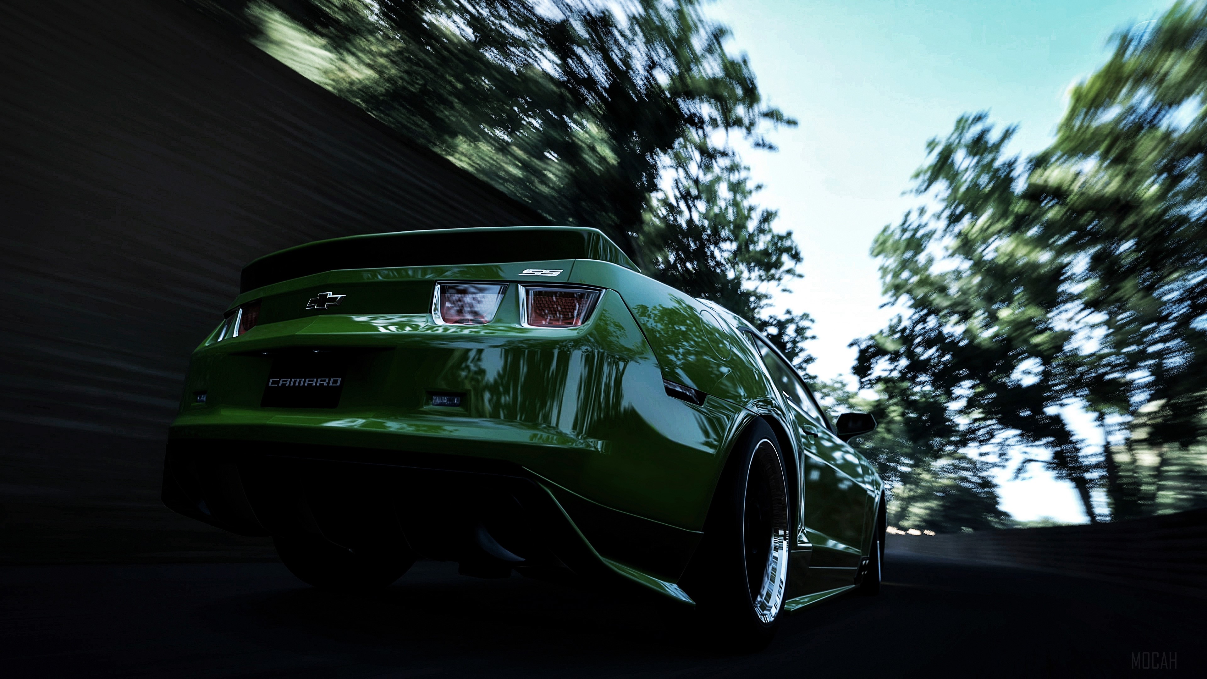 Green Chevrolet Camaro driving on a road HD Wallpaper
