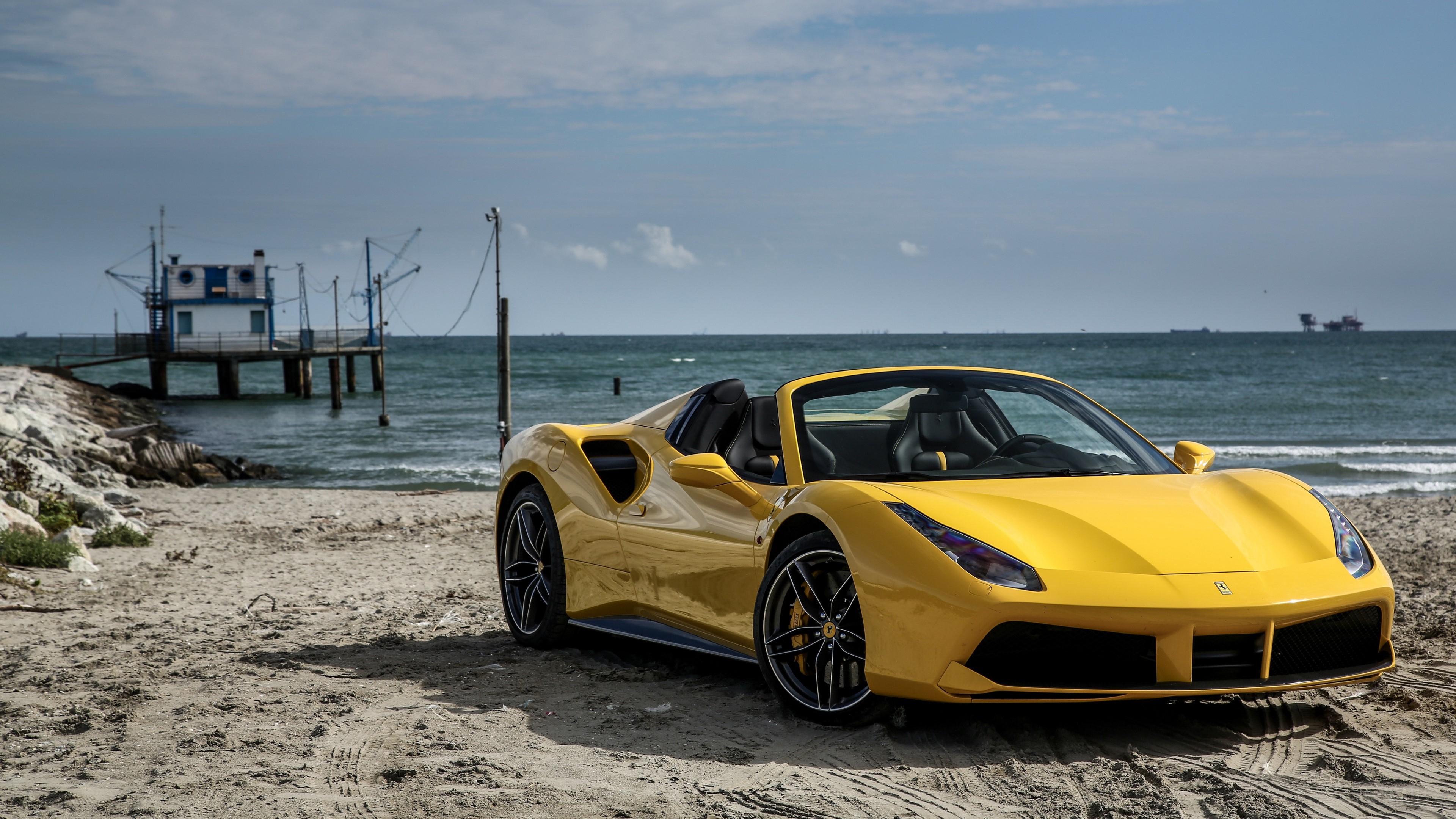 Yellow Ferrari 488 Spider on a Beach HD Wallpaper