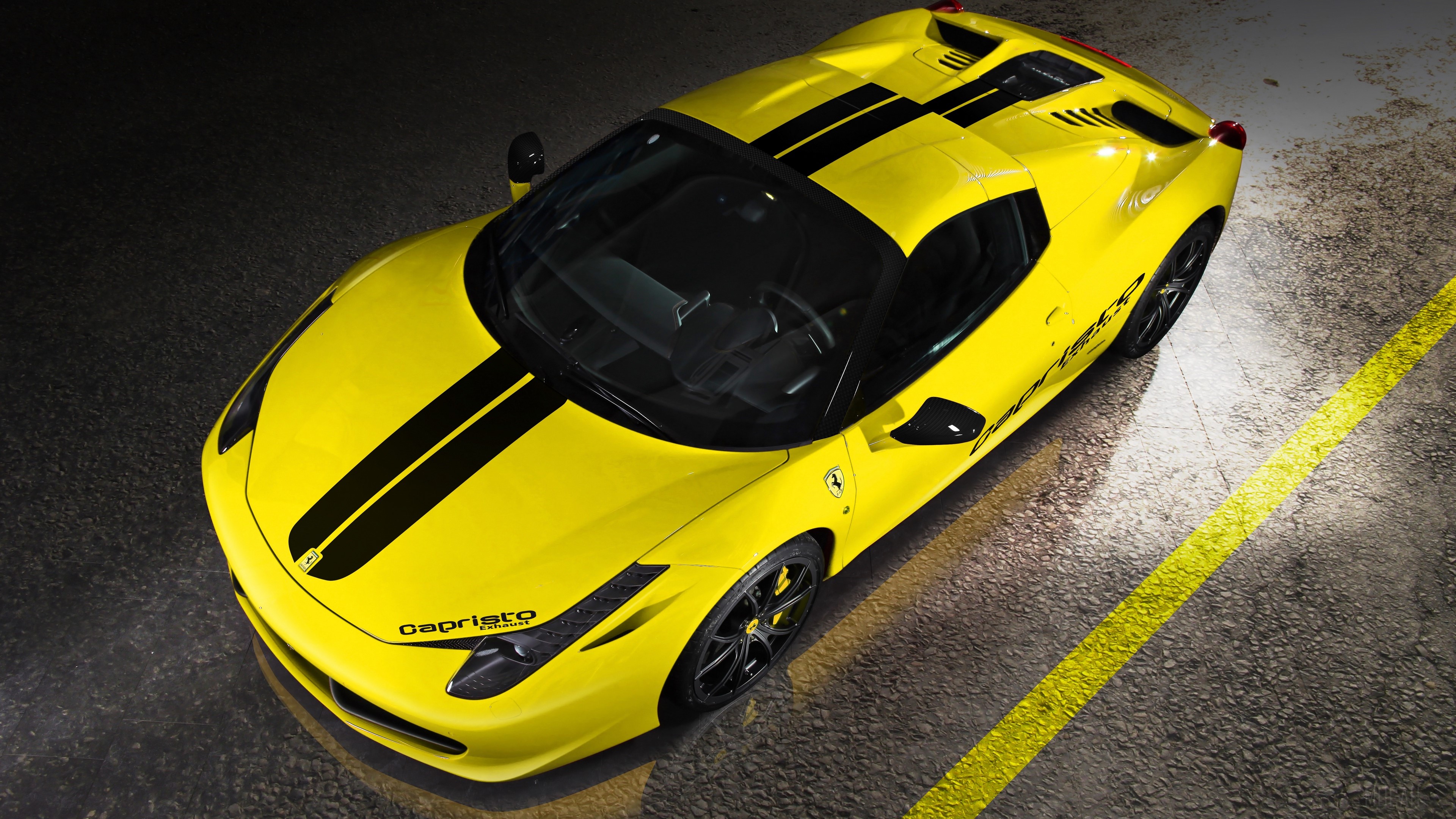 Yellow Ferrari 458 Italia Spider with Black Stripes HD Wallpaper
