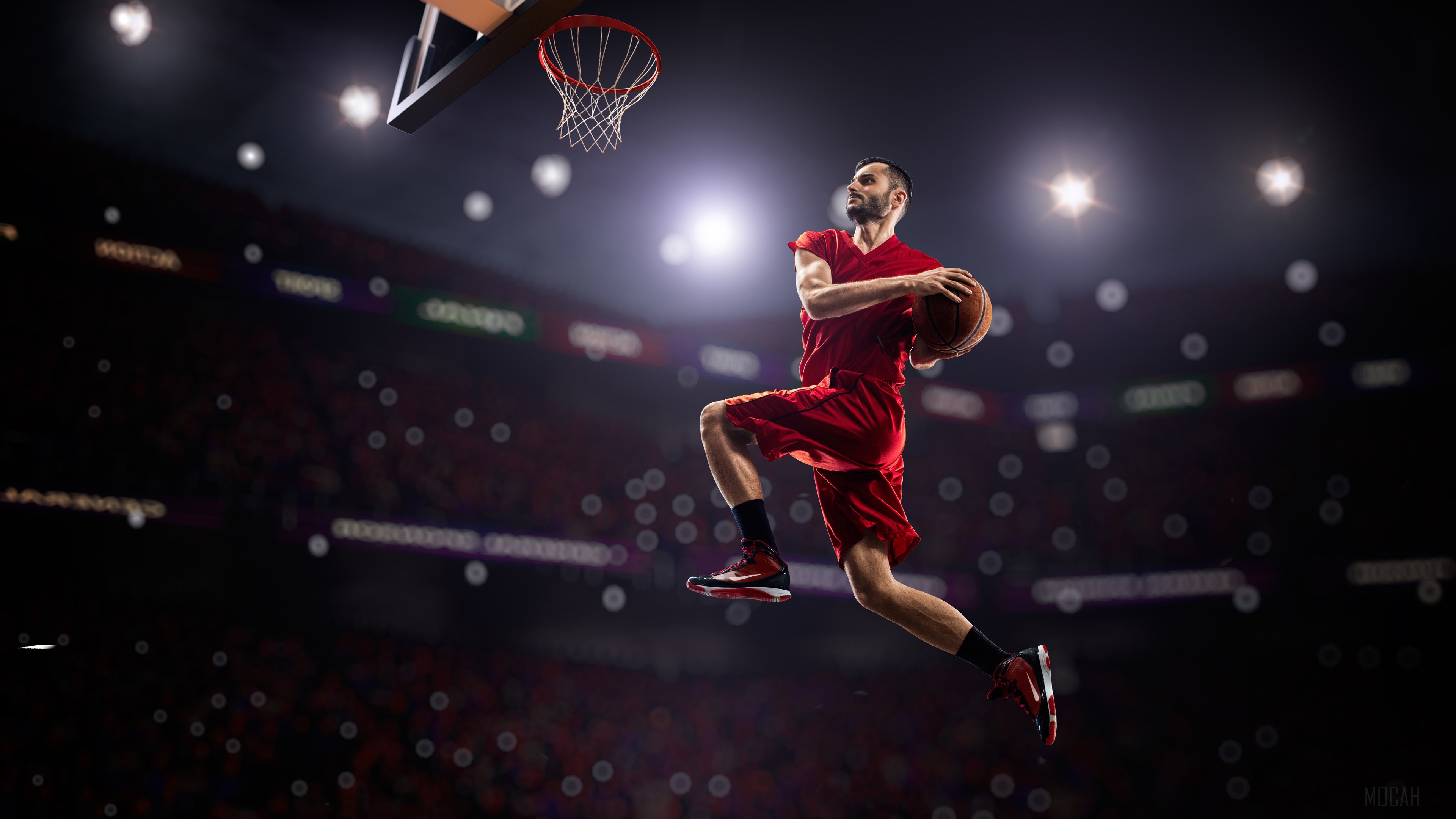 Basketball player in red uniform dunking 4K HD Wallpaper