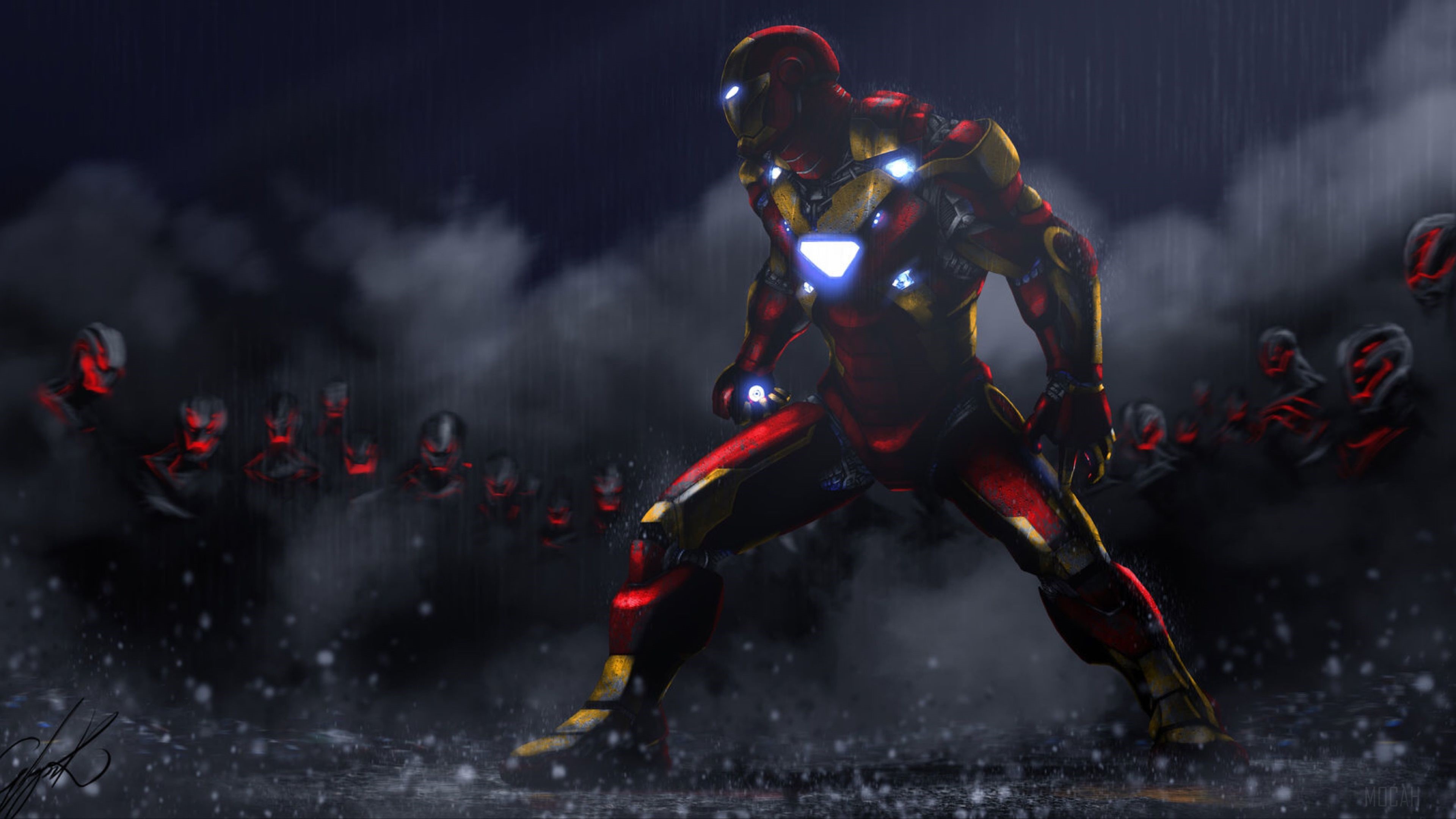 Iron Man facing Ultron drones in the rain HD Wallpaper