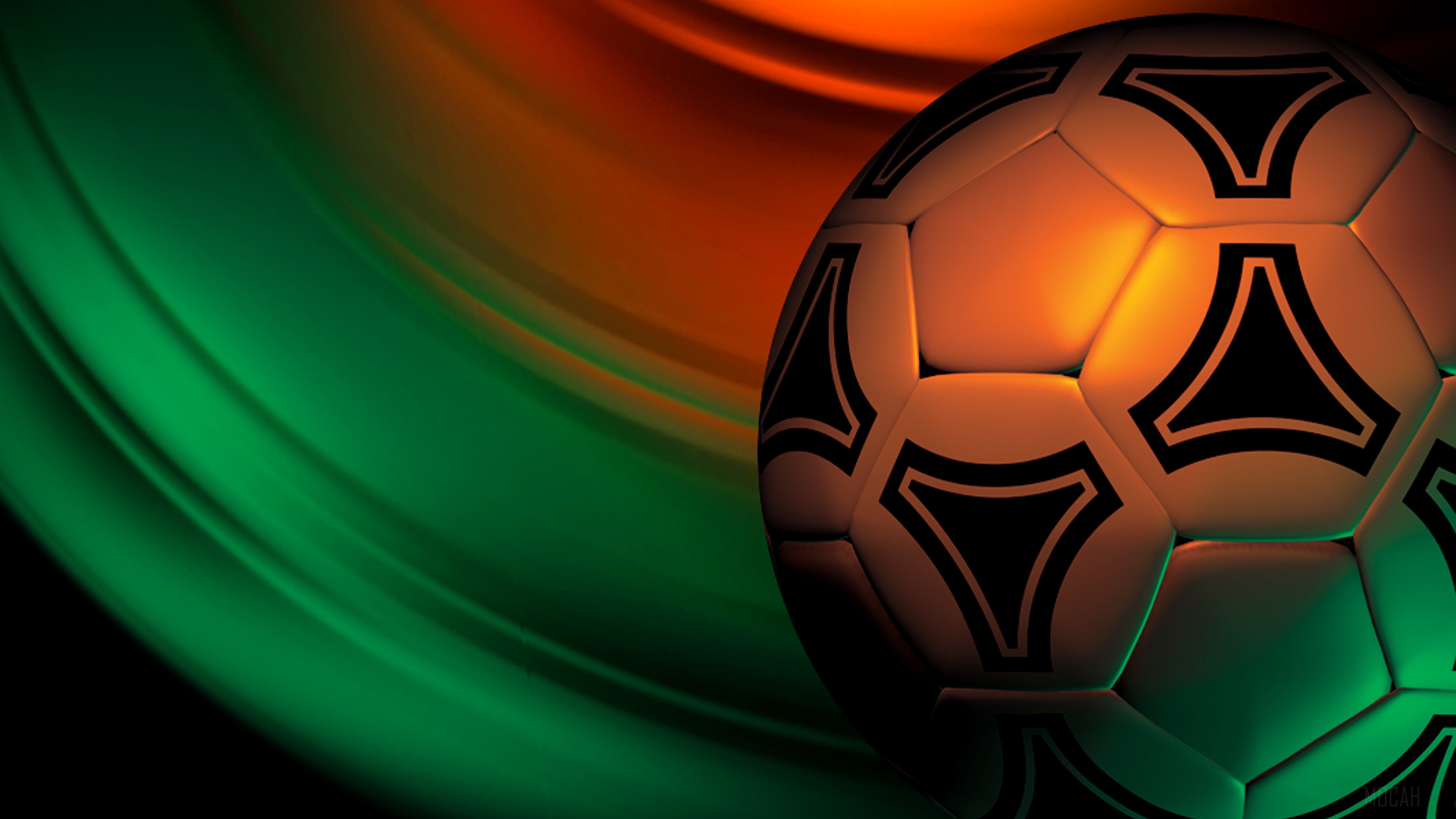 Soccer ball on abstract green and orange background 4K HD Wallpaper