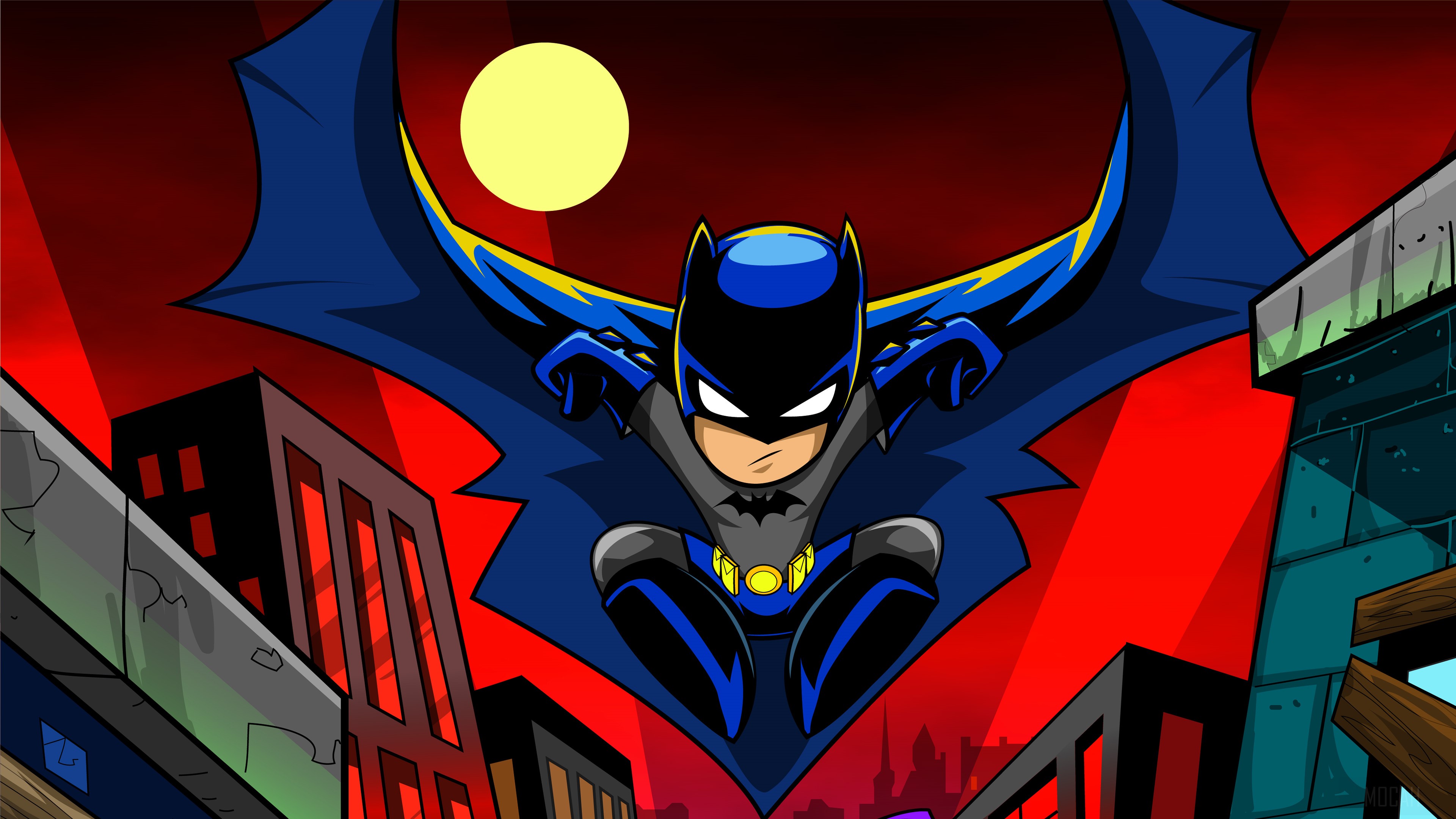 Batman in a cartoon style with a yellow moon and city skyline HD Wallpaper