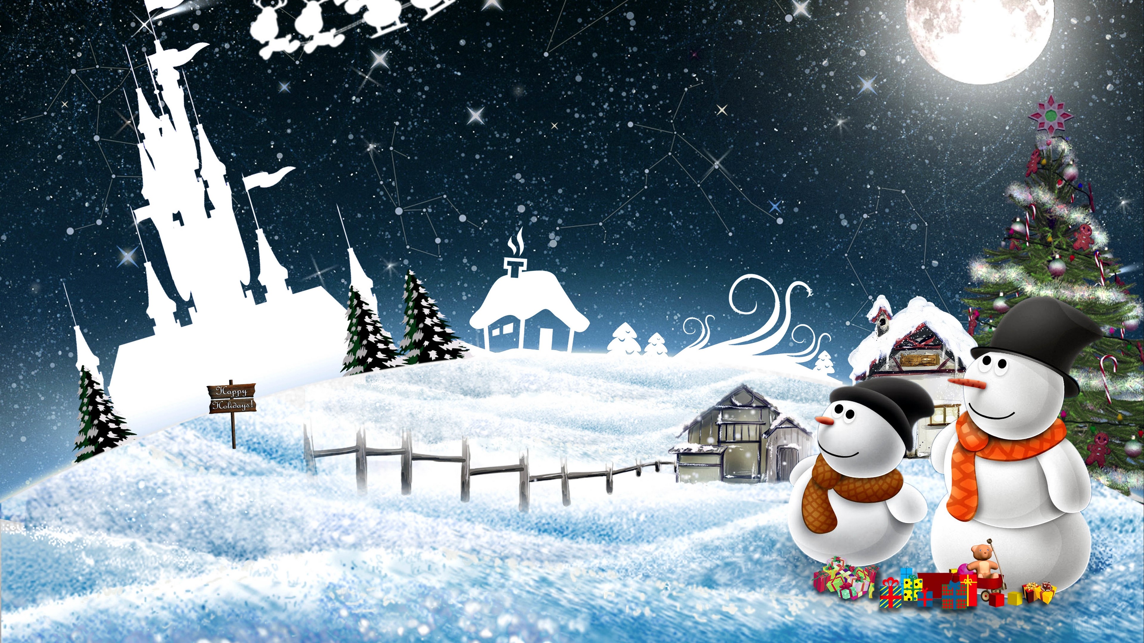 Christmas Night with Snowmen and Castle 4K HD Wallpaper