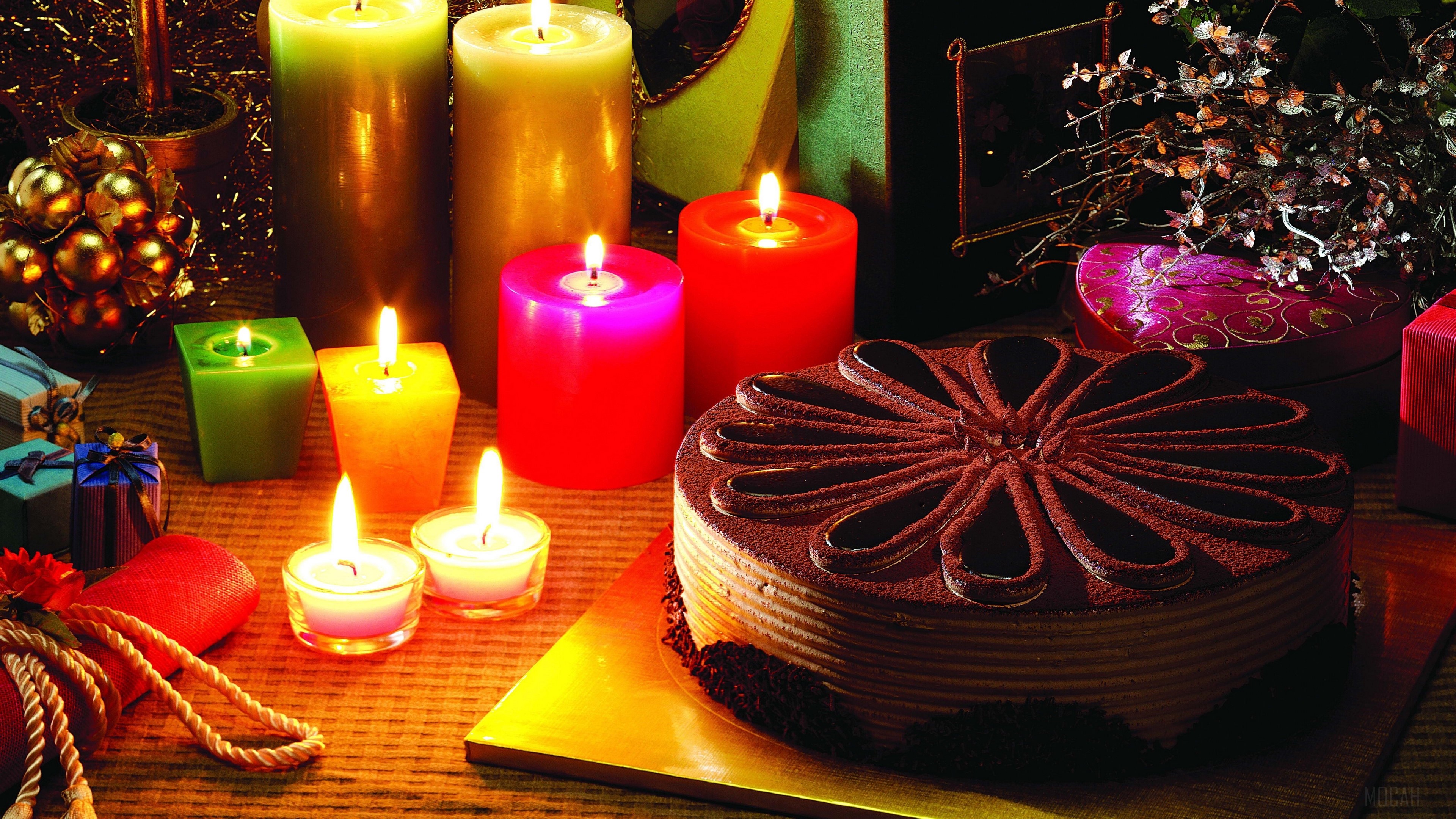 Christmas candles and cake with presents HD Wallpaper