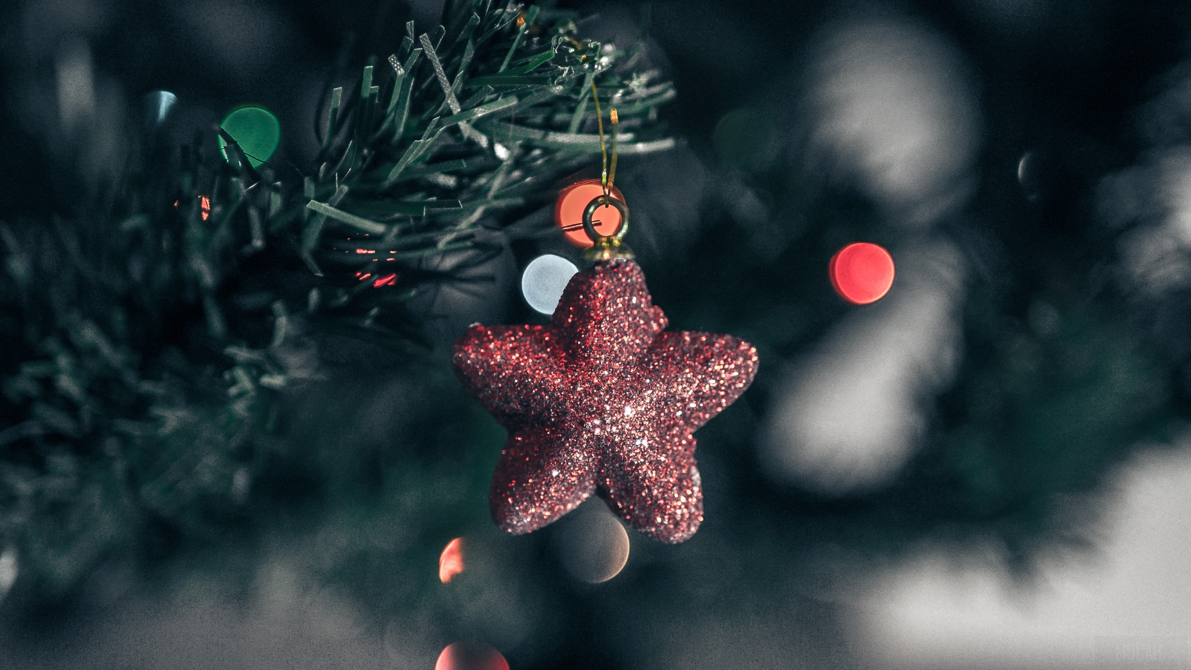 Red glitter star ornament on a Christmas tree HD Wallpaper