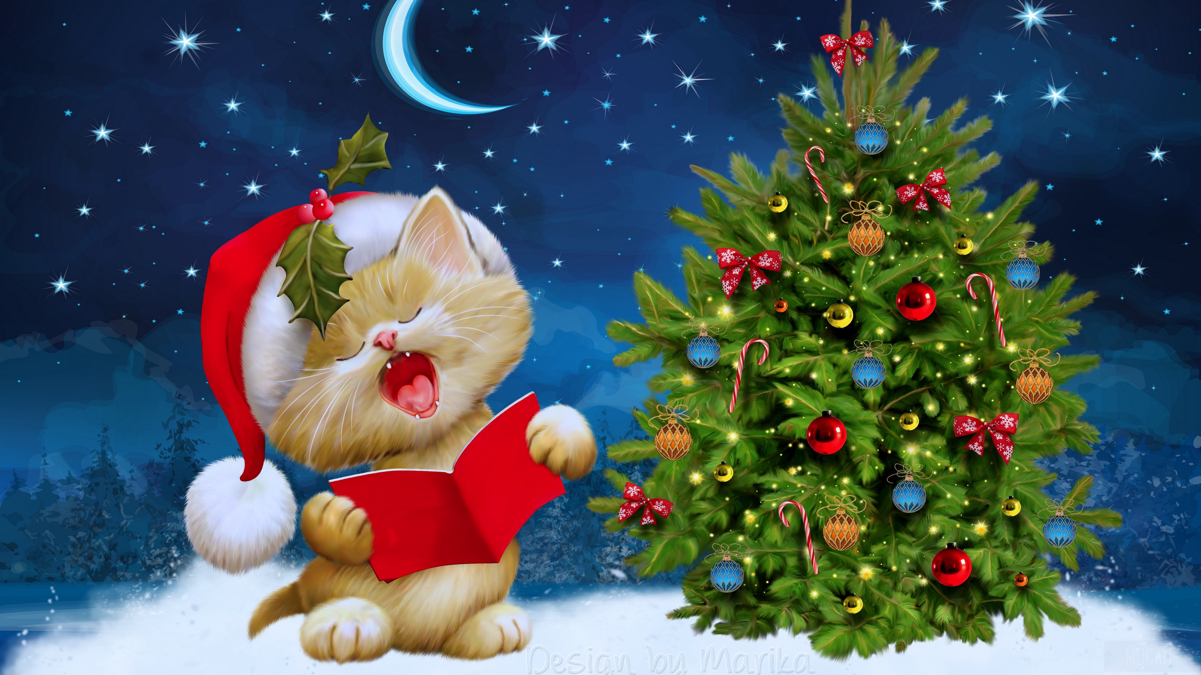 Christmas Cat Singing by Tree 4K HD Wallpaper