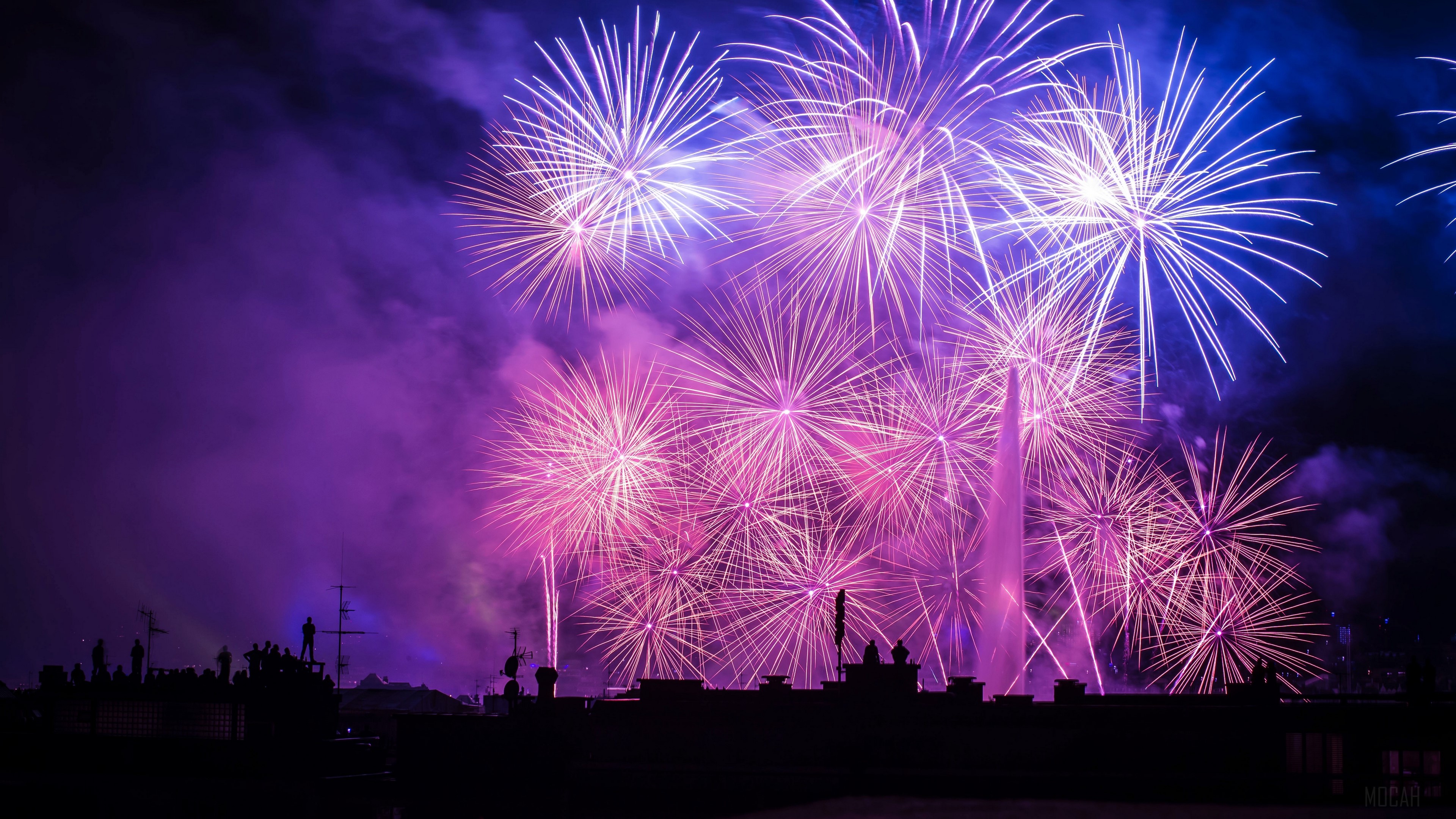 Fireworks display over a city skyline with people watching HD Wallpaper