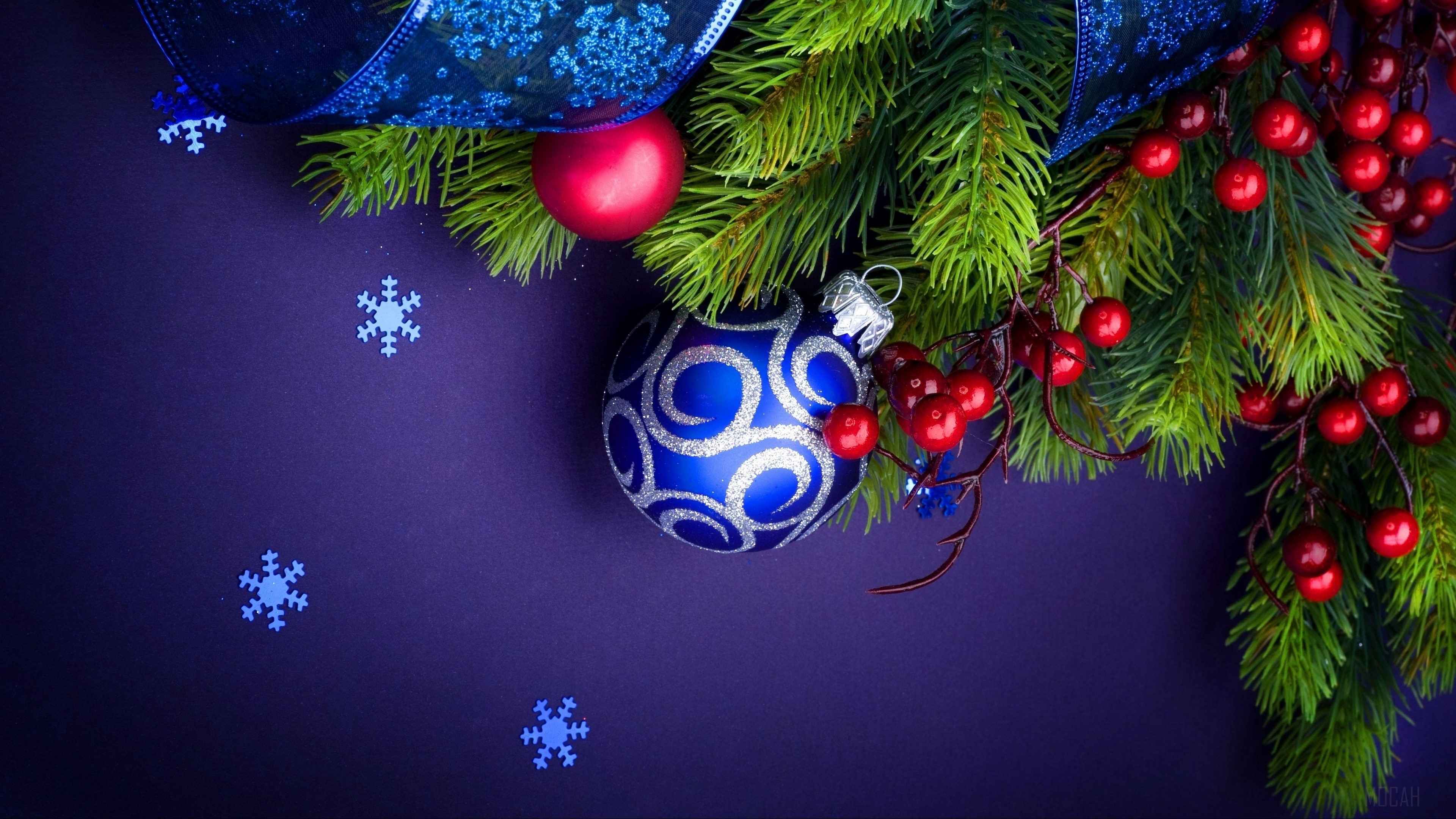 Christmas decorations with pine branches and snowflakes 4K HD Wallpaper