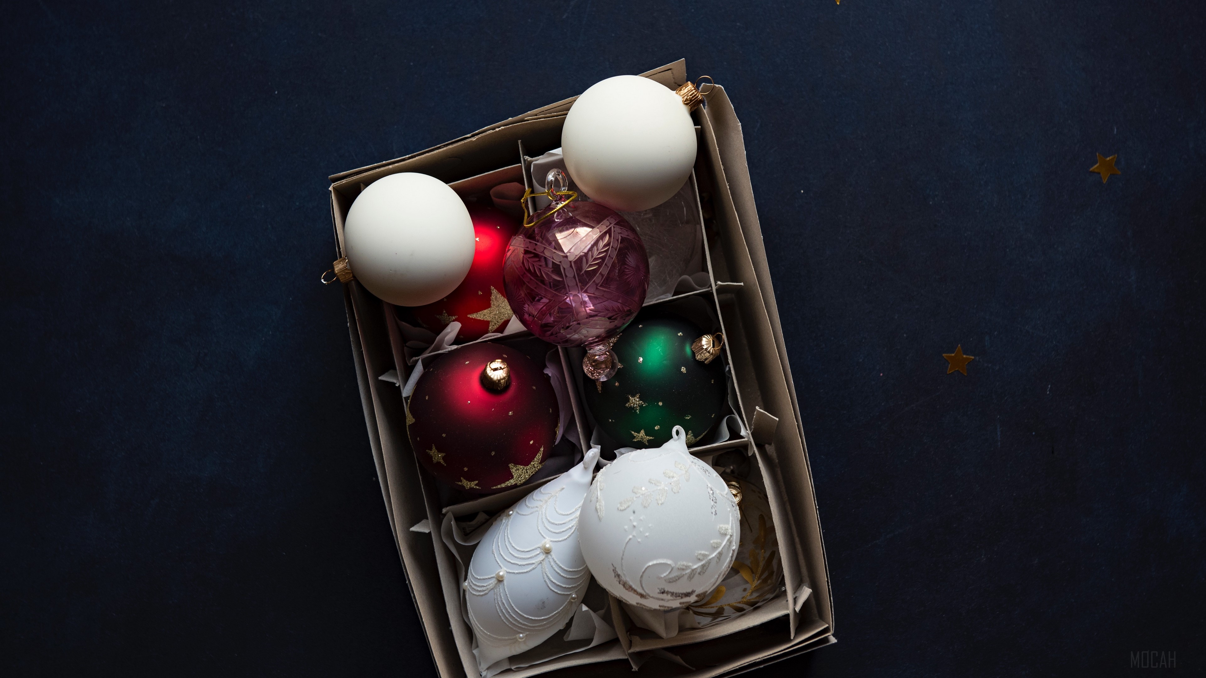 Christmas ornaments in a box, New Year 4K HD Wallpaper