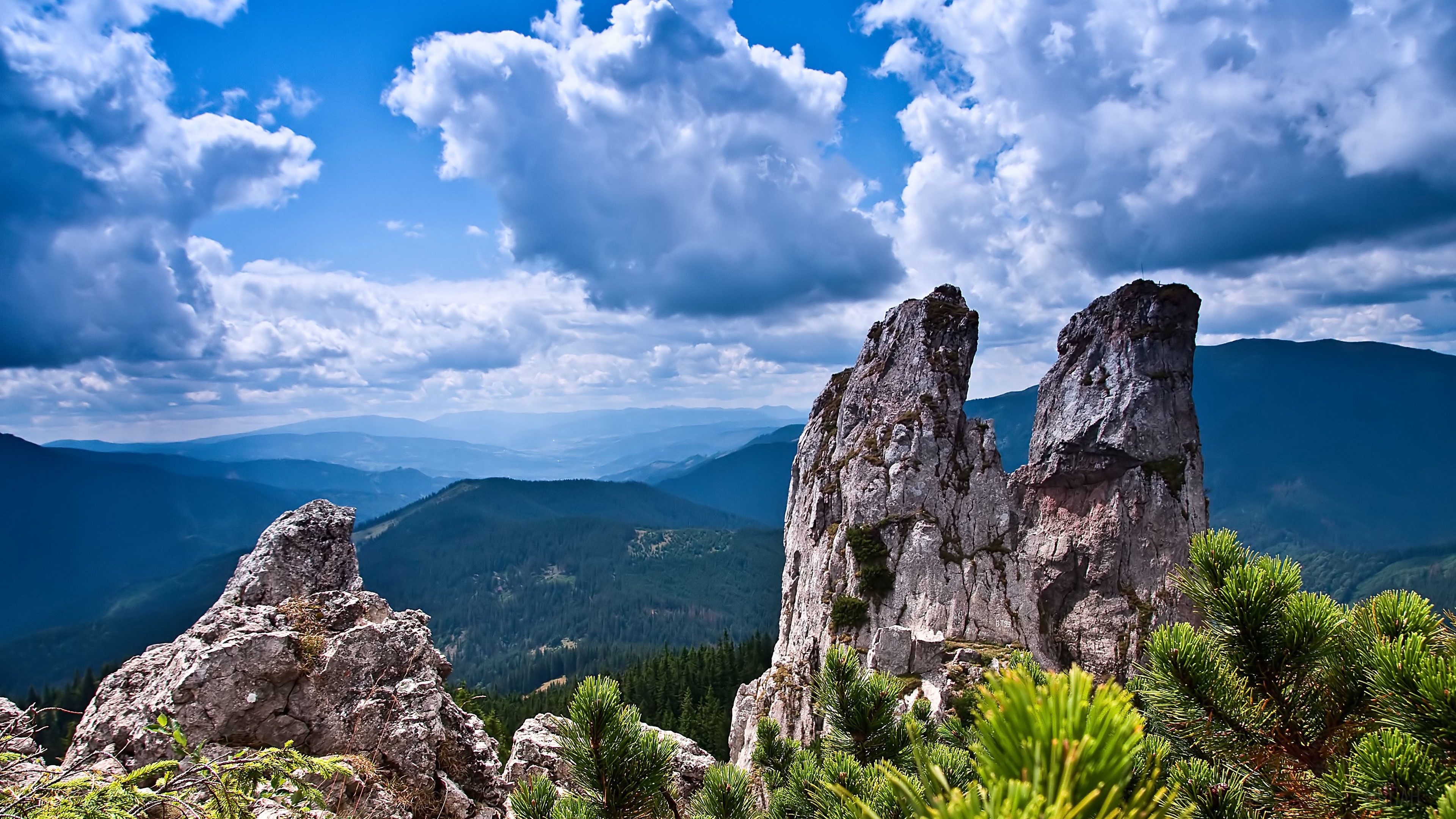 Rocky mountain peaks with clouds and trees 4K HD Wallpaper
