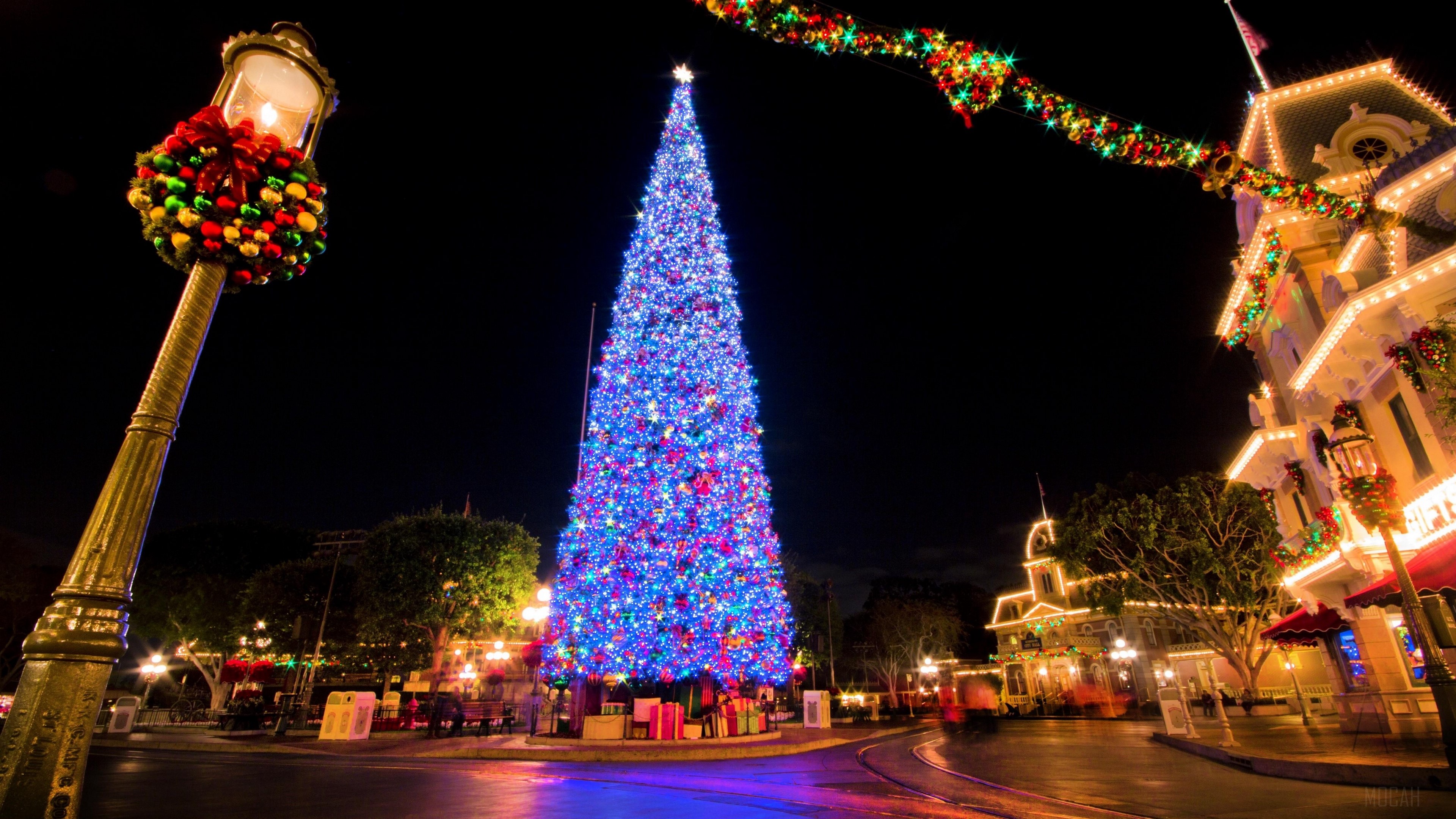 Christmas tree and decorations in a city at night HD Wallpaper