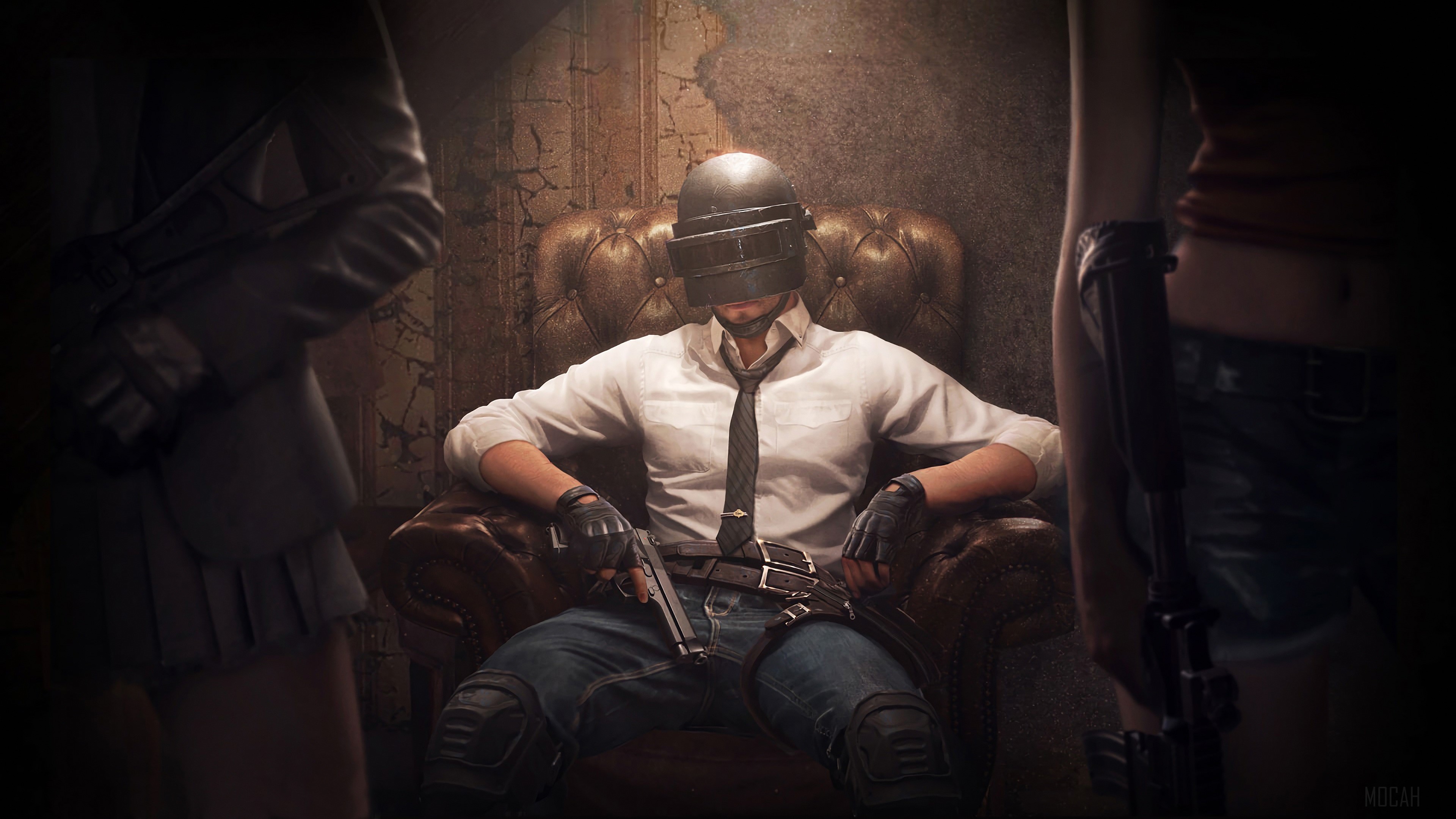 PUBG character sitting in a chair with guns HD Wallpaper