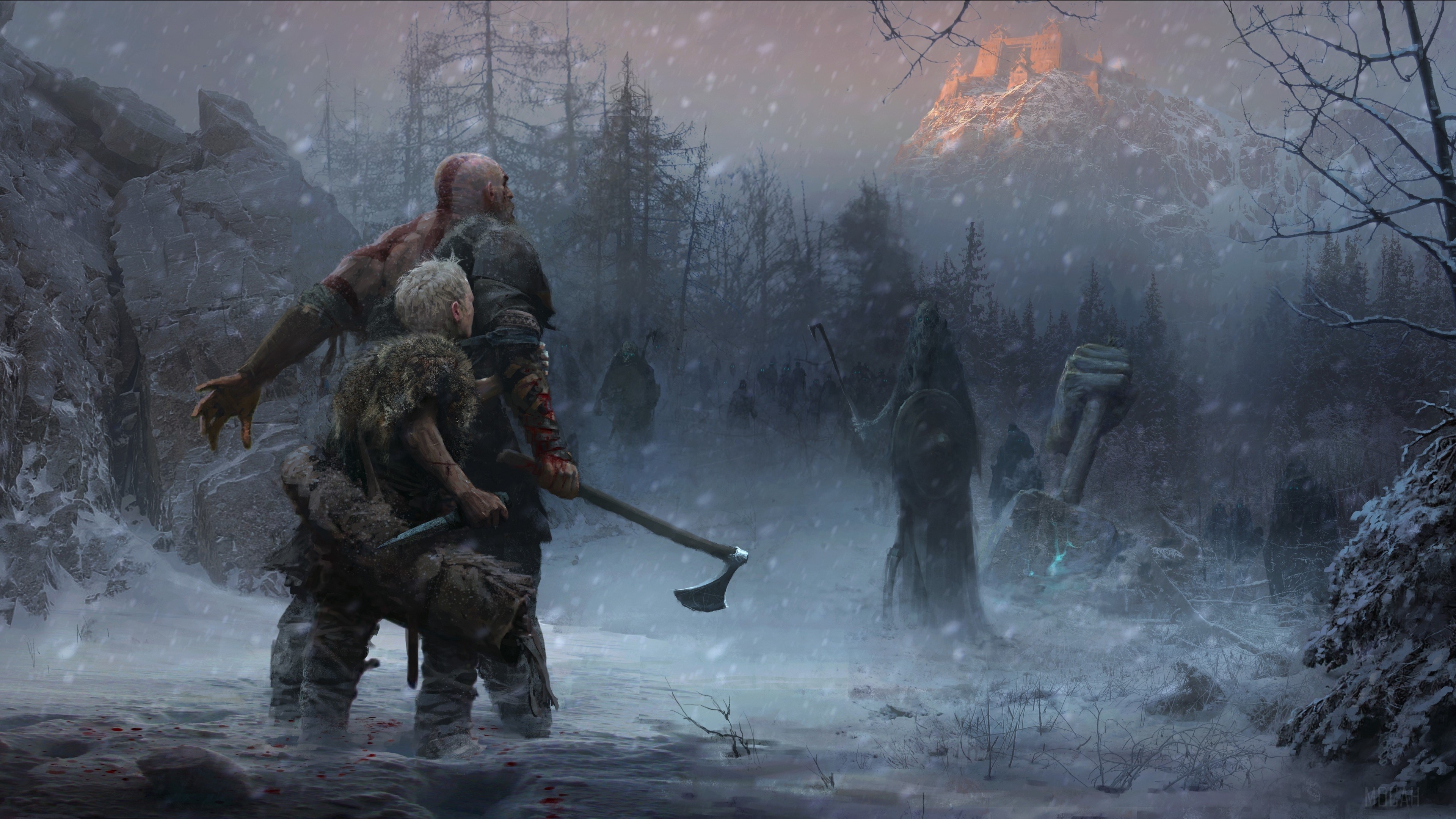 Kratos and Atreus in a snowy forest with a castle HD Wallpaper