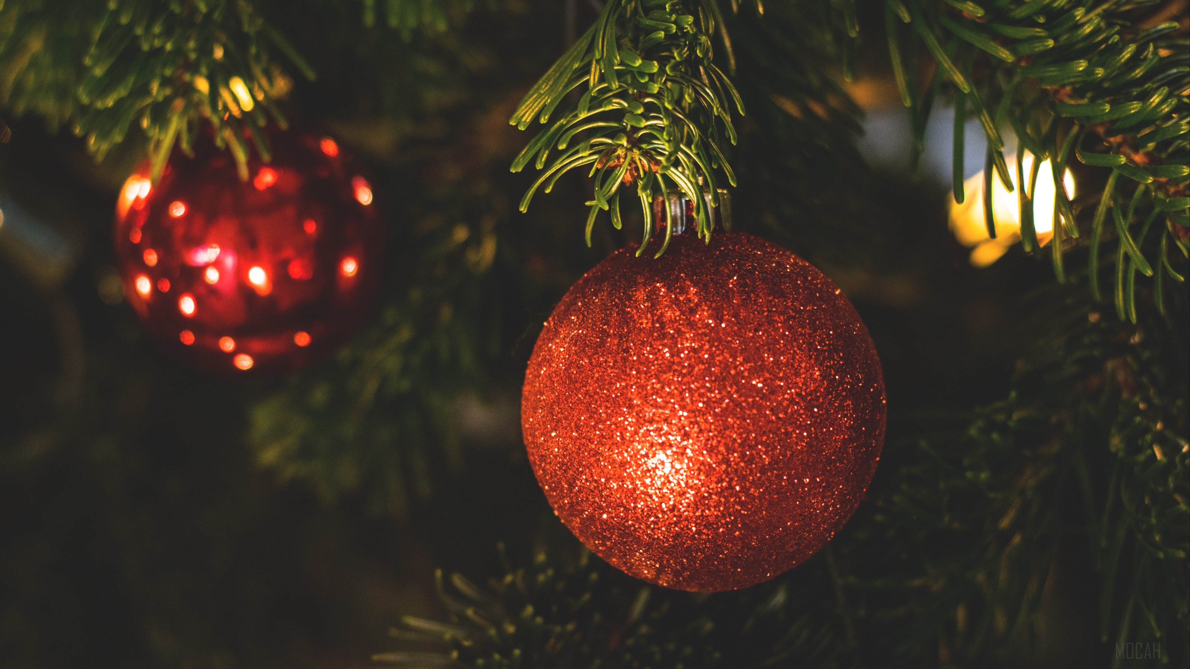Red Christmas ornaments on a fir tree 4K HD Wallpaper