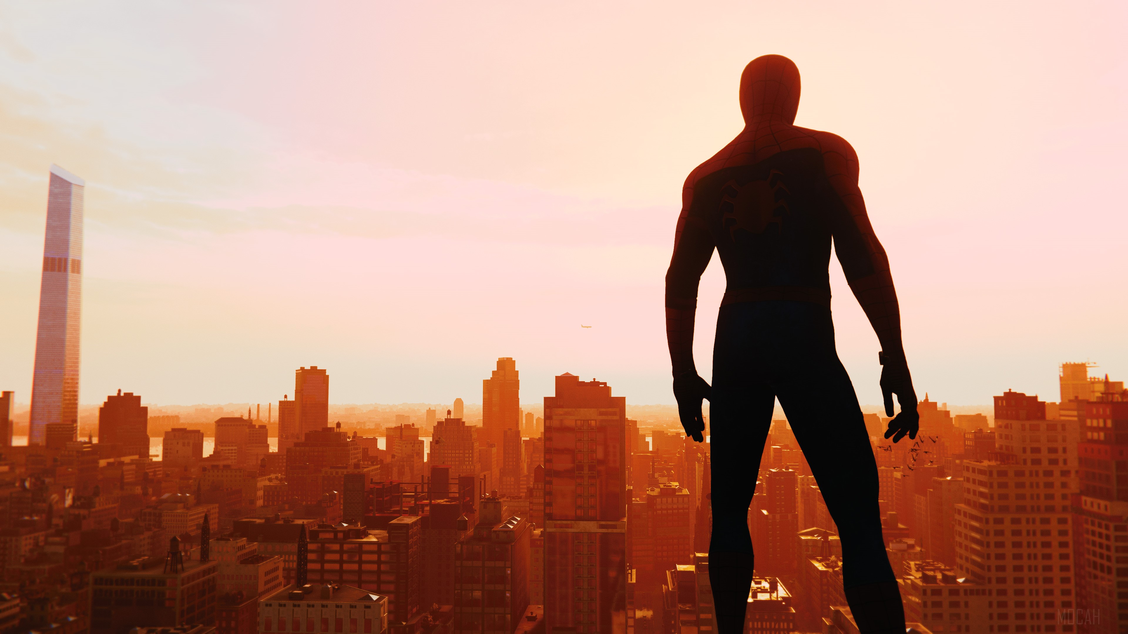 Spider-Man from Spider-Man PS4 overlooking a city skyline HD Wallpaper