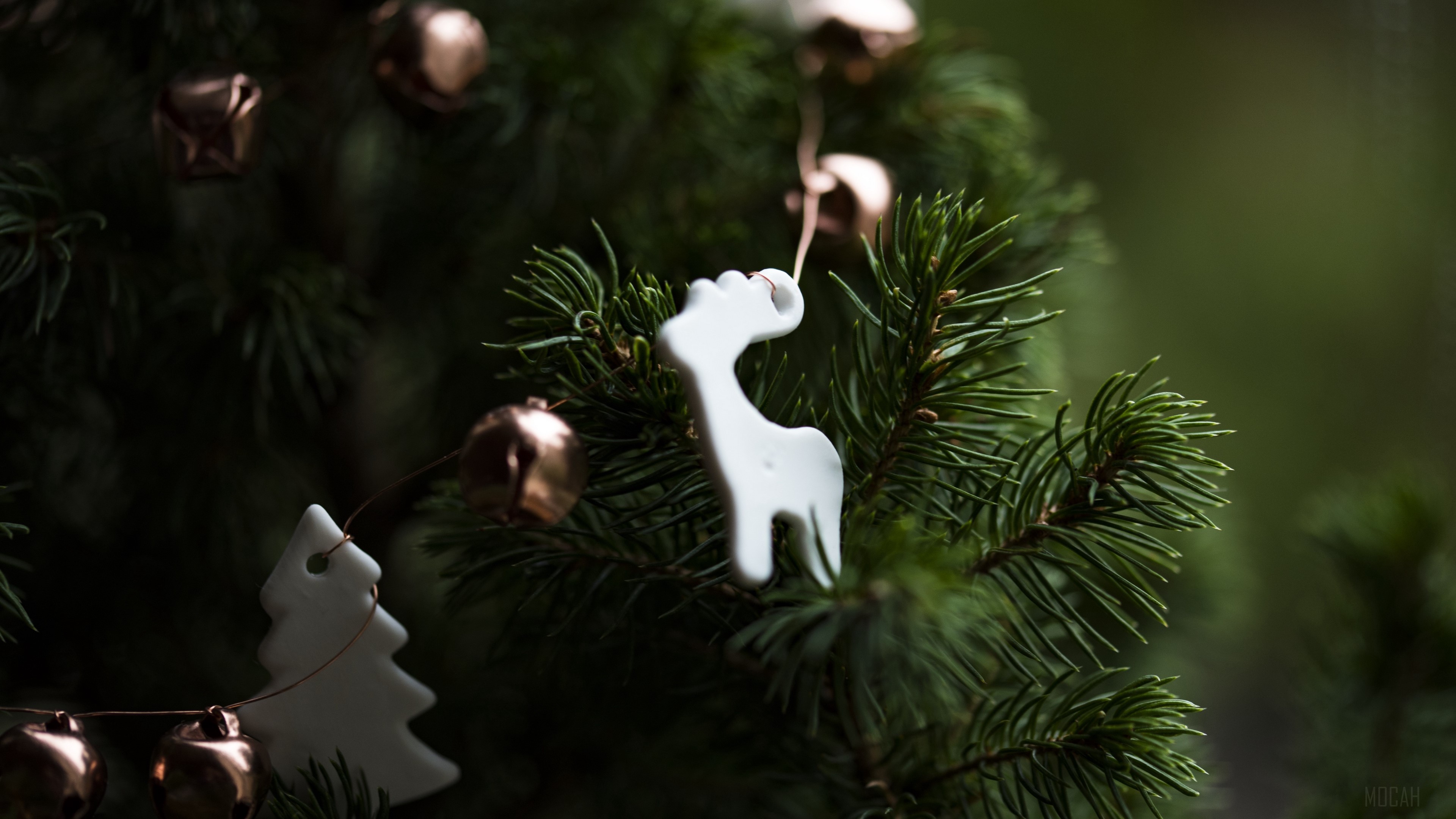 Christmas tree with ornaments and bells 4K HD Wallpaper