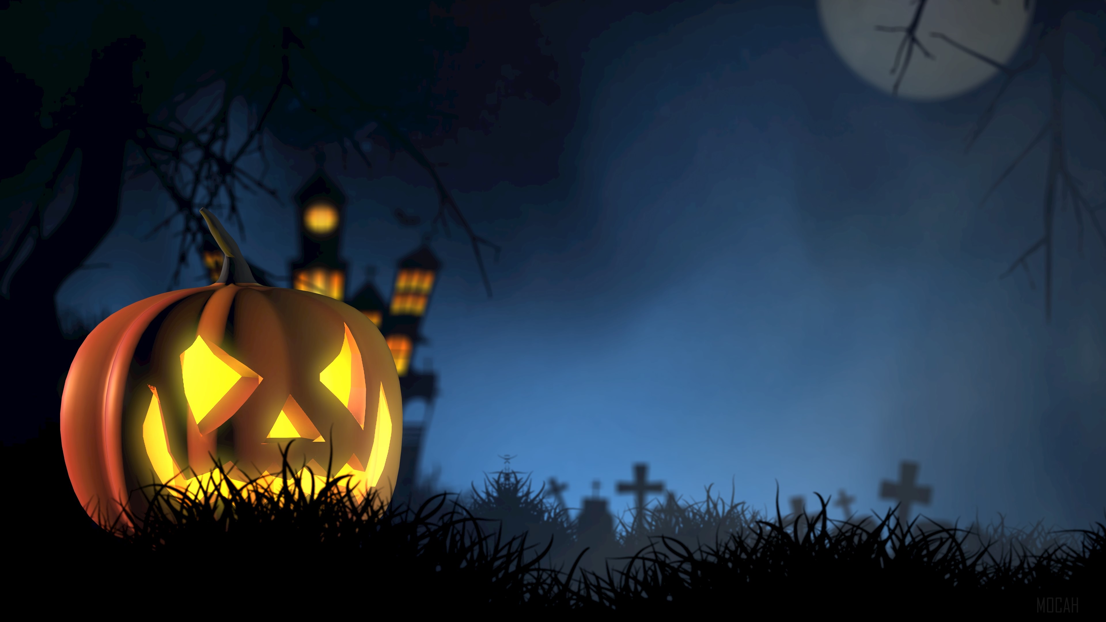 Halloween pumpkin in a spooky graveyard with a haunted house HD Wallpaper