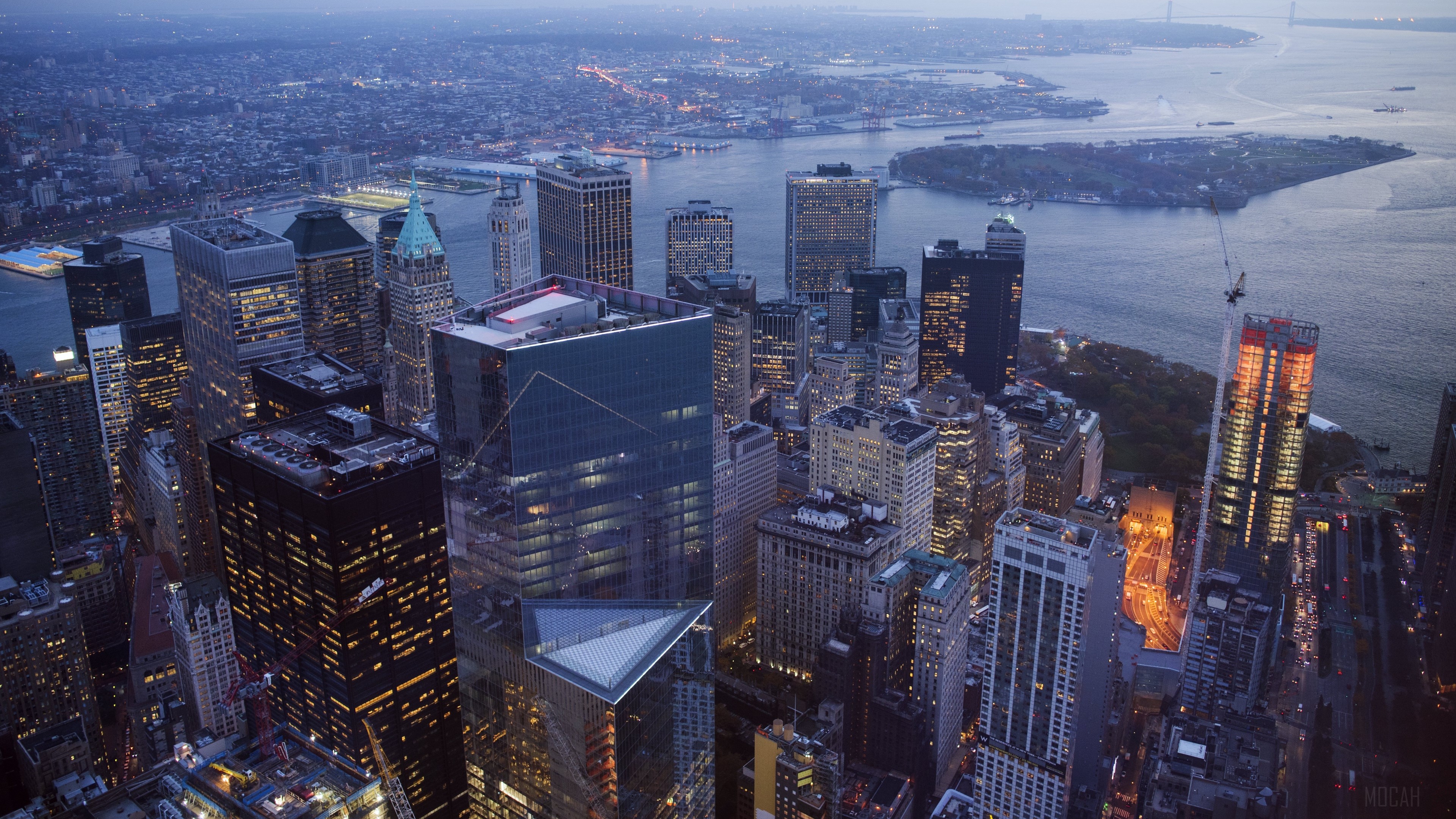 New York City skyscrapers at dusk, aerial view 4K HD Wallpaper