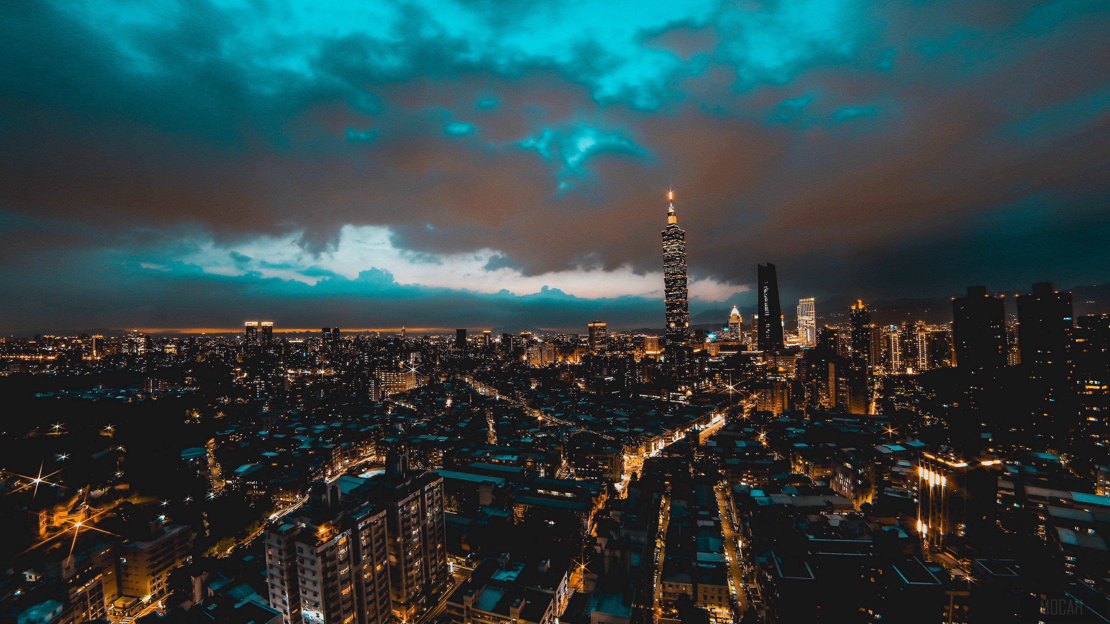 Taipei skyline at night with Taipei 101 skyscraper, 4K HD Wallpaper