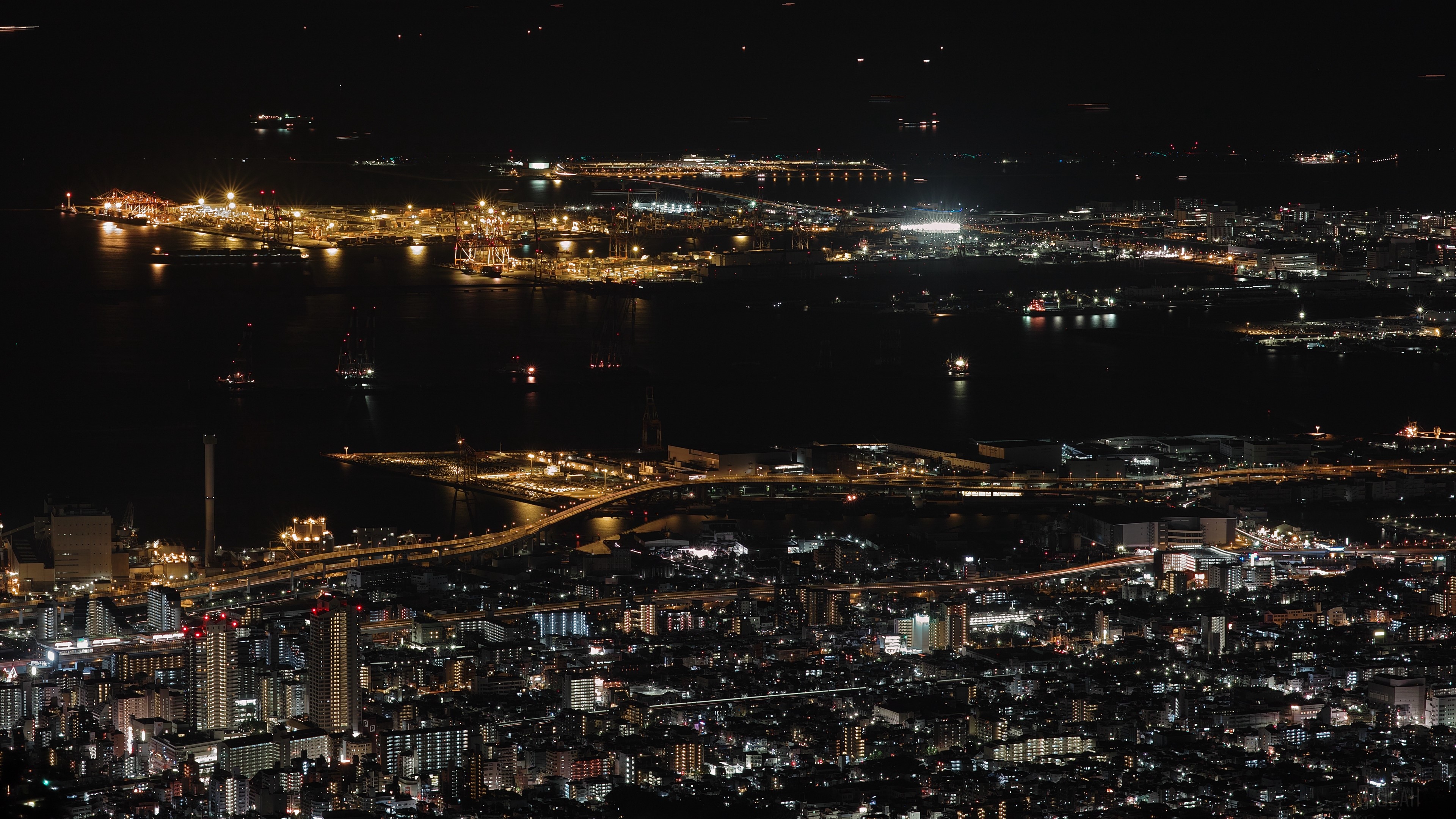 Night city view of a port in Kansai, Japan 4K HD Wallpaper