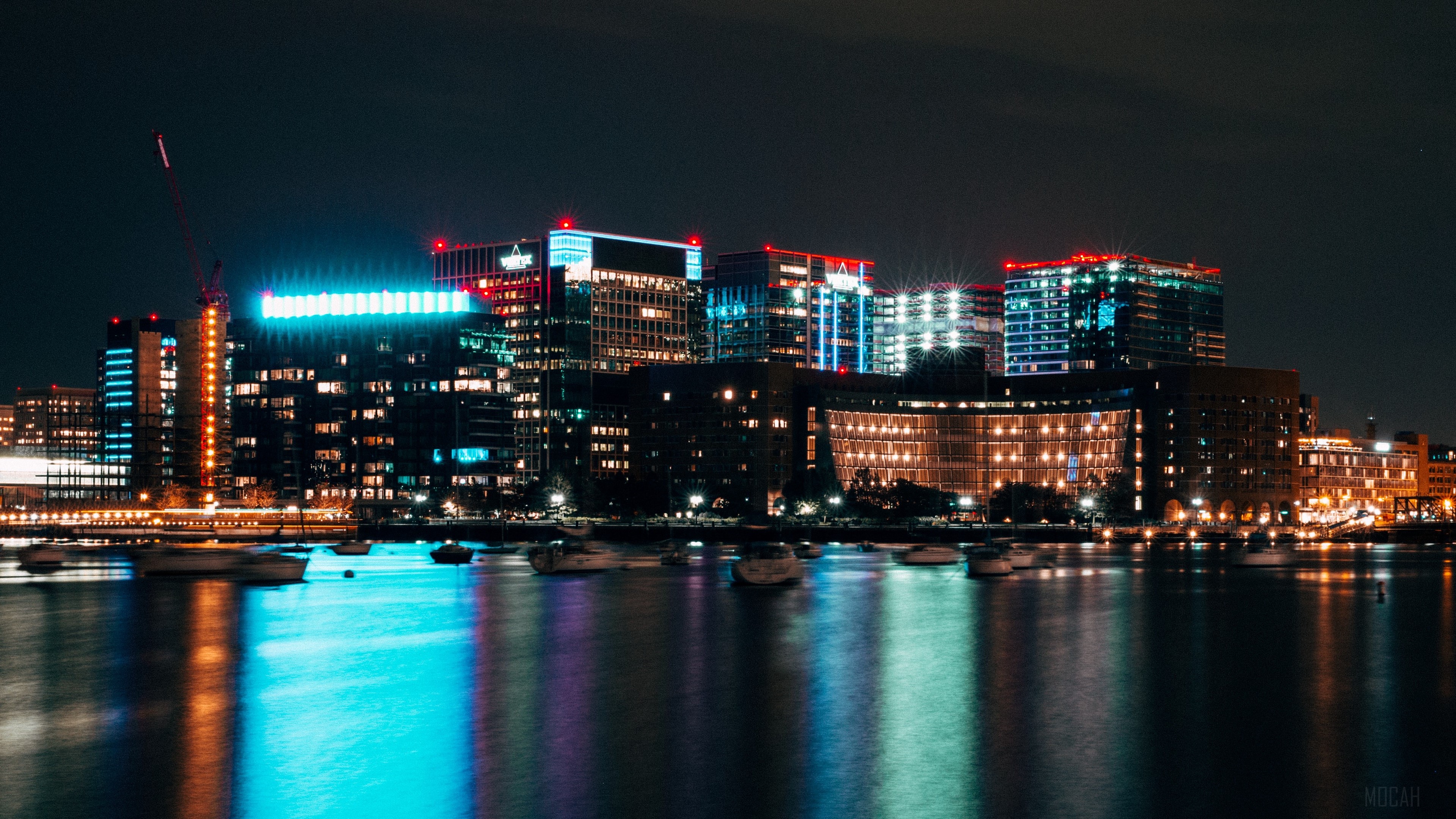 Boston city skyline with buildings and lights at night 4K HD Wallpaper