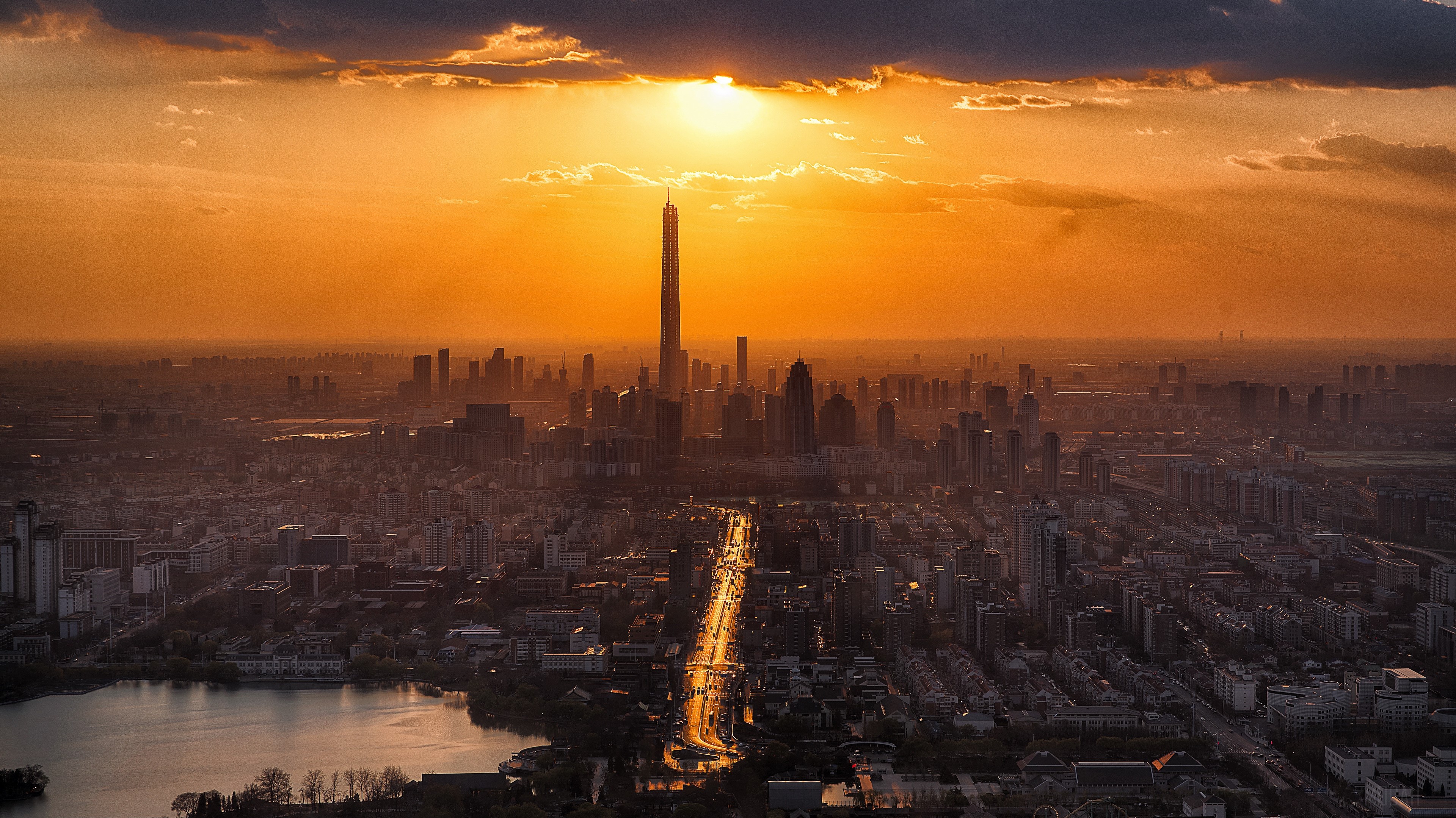 Sunset over Tianjin city skyline with skyscrapers 4K HD Wallpaper