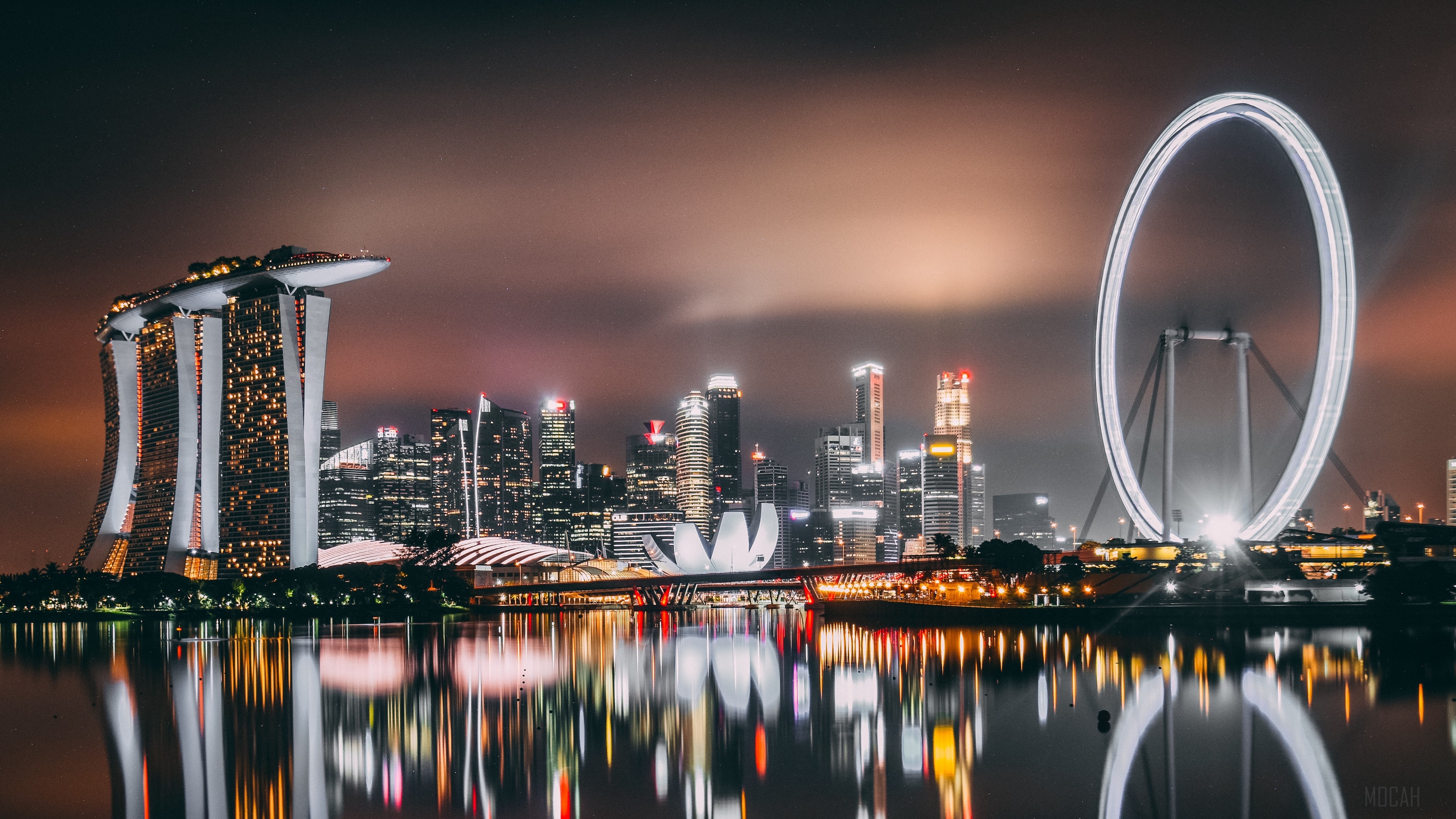 Singapore skyline with Marina Bay Sands and Singapore Flyer at night 4K HD Wallpaper