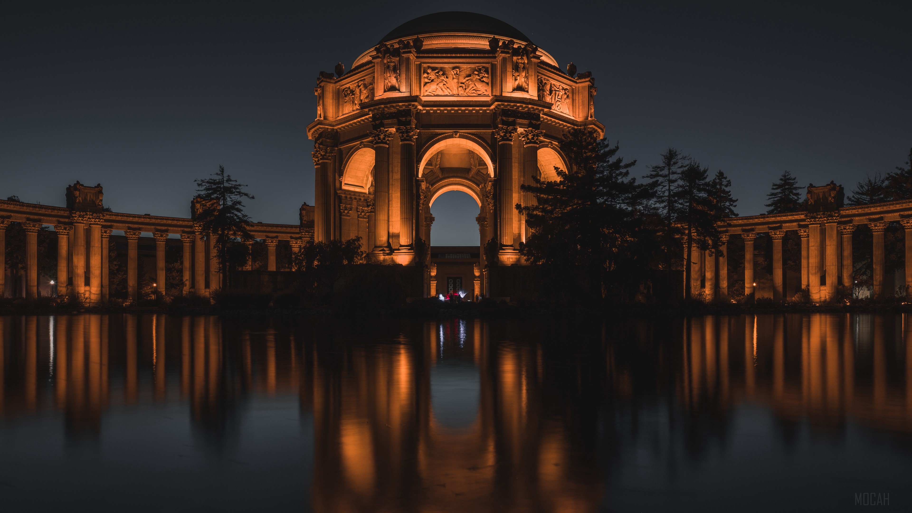 Palace of Fine Arts at night with reflections HD Wallpaper