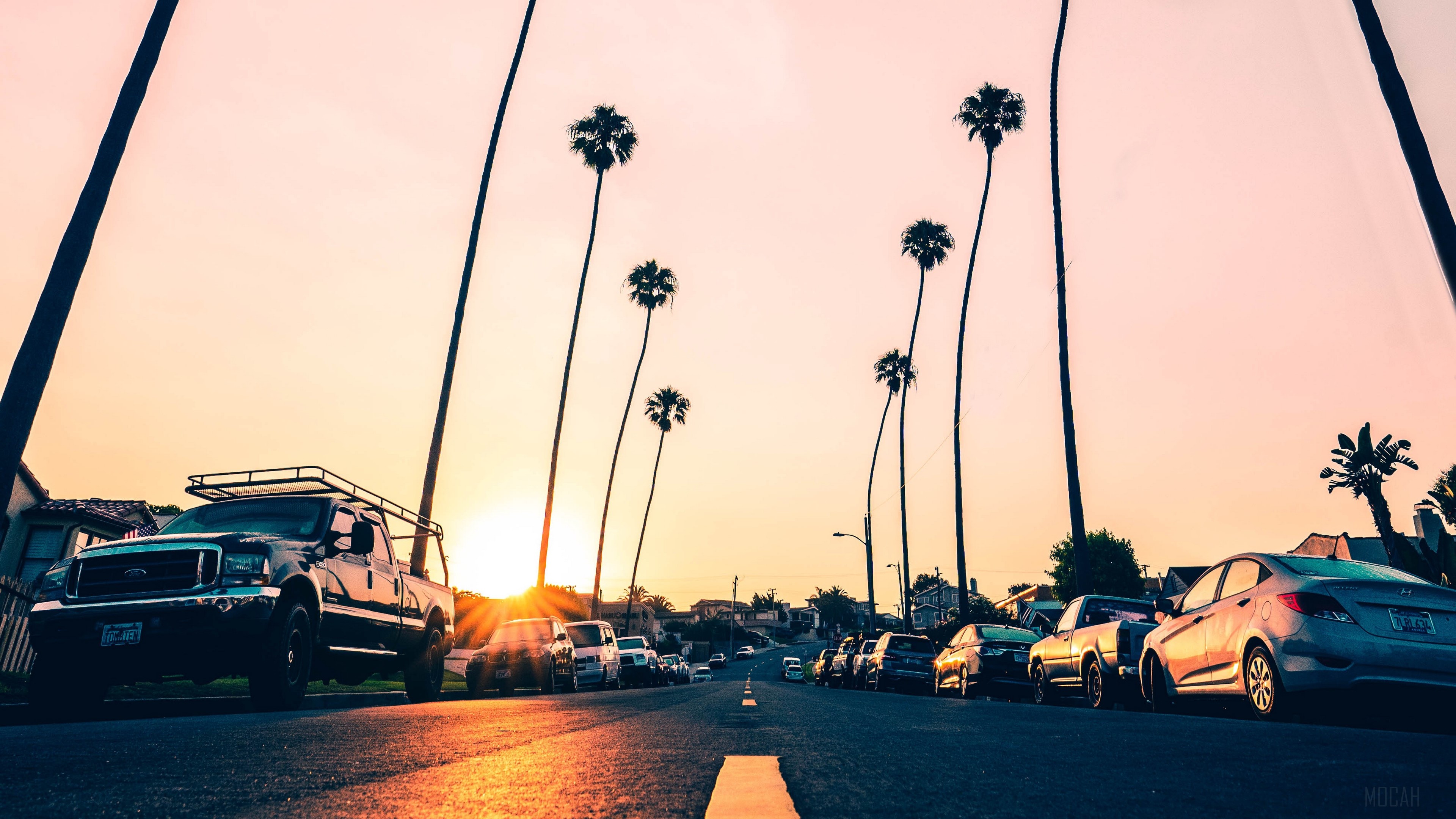 Street with palm trees and cars at sunset in Redondo Beach, California 4K HD Wallpaper