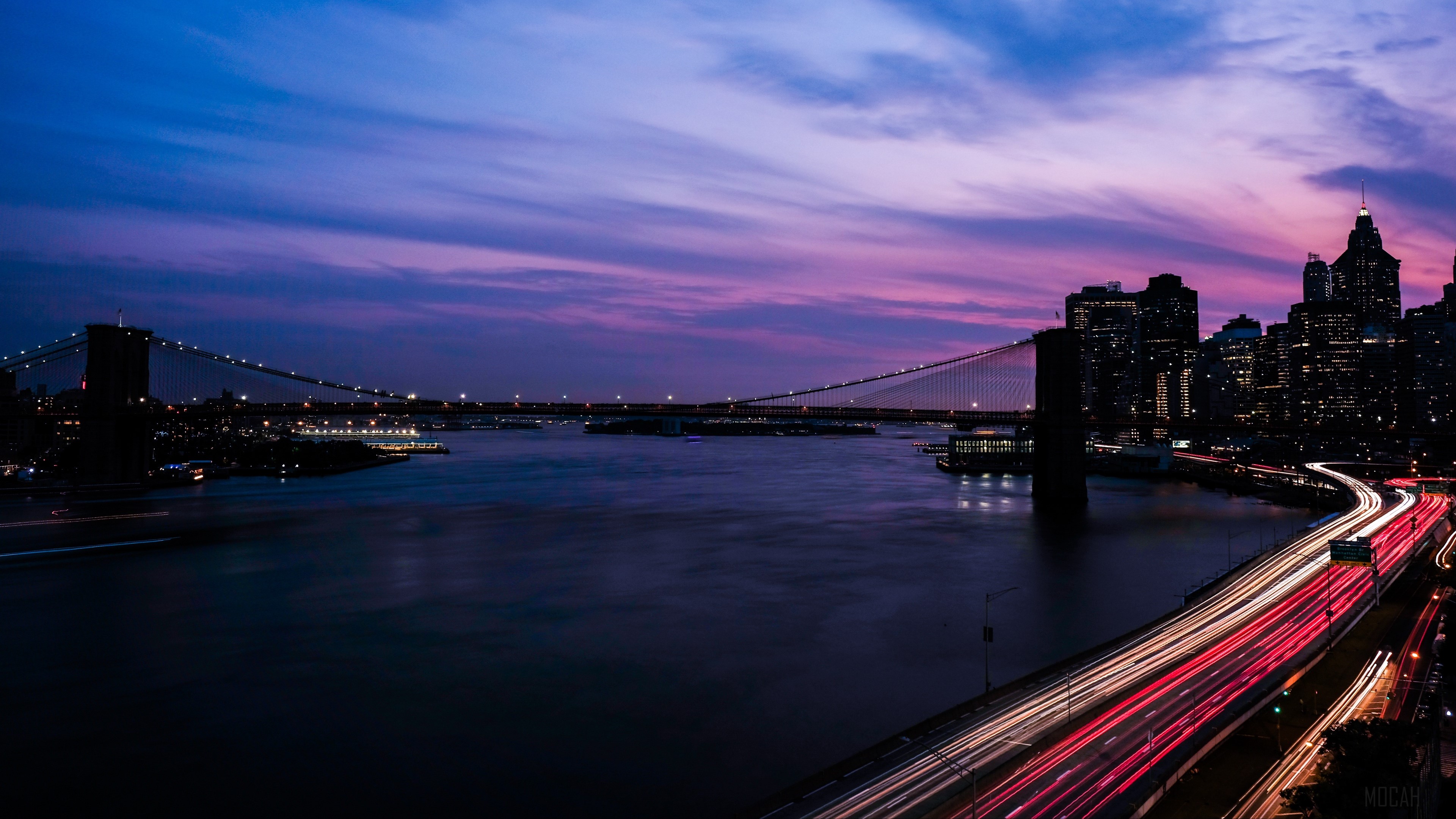 Brooklyn Bridge at Night with City Skyline and Light Trails 4K HD Wallpaper