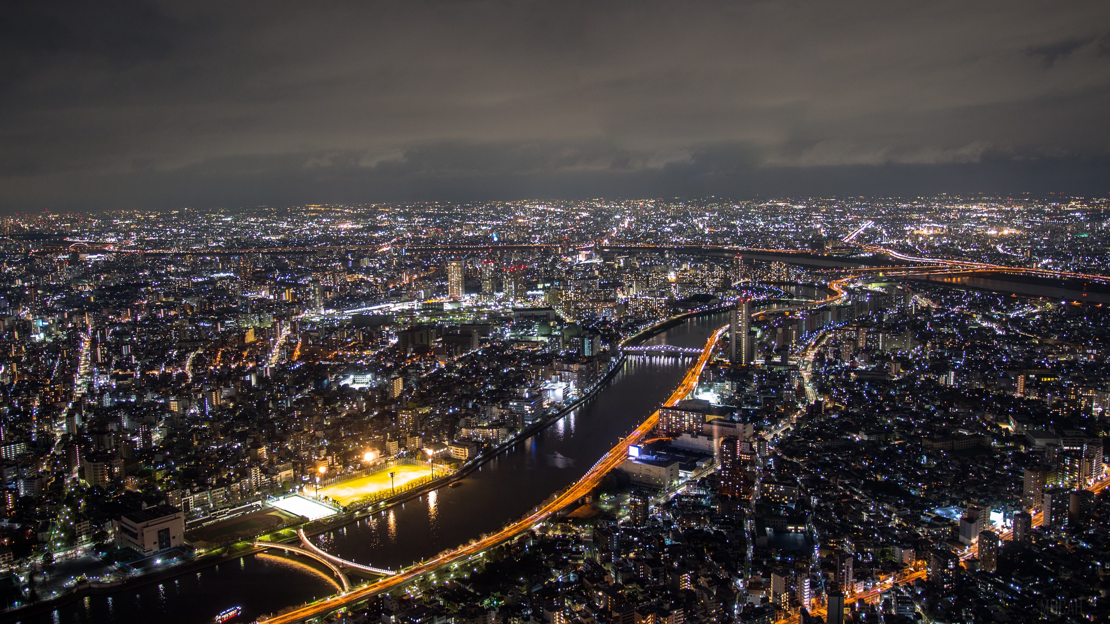 Night cityscape of Tokyo with Sumida River, Japan 4K HD Wallpaper