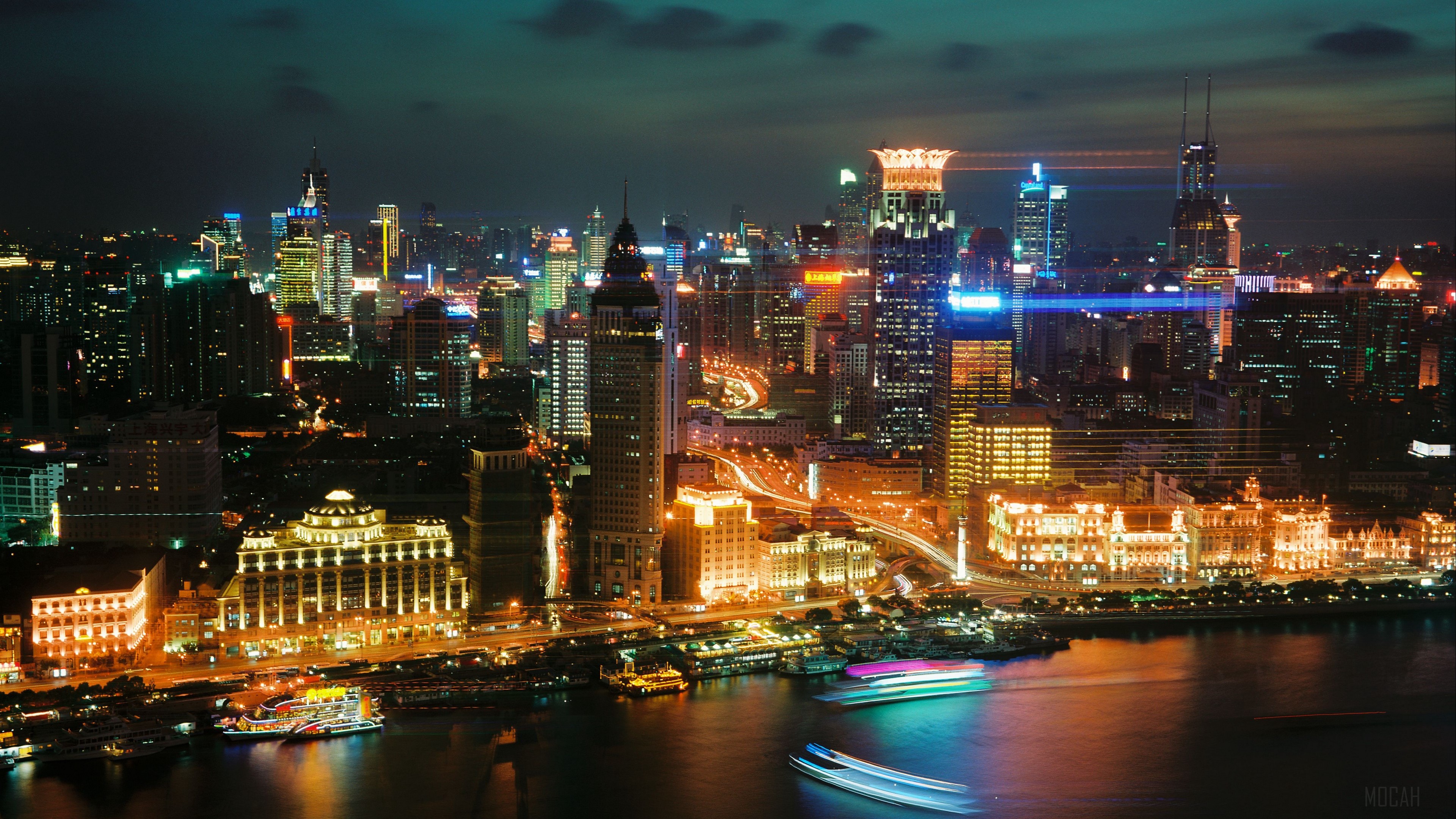 Shanghai skyscrapers at night, top view 4K HD Wallpaper