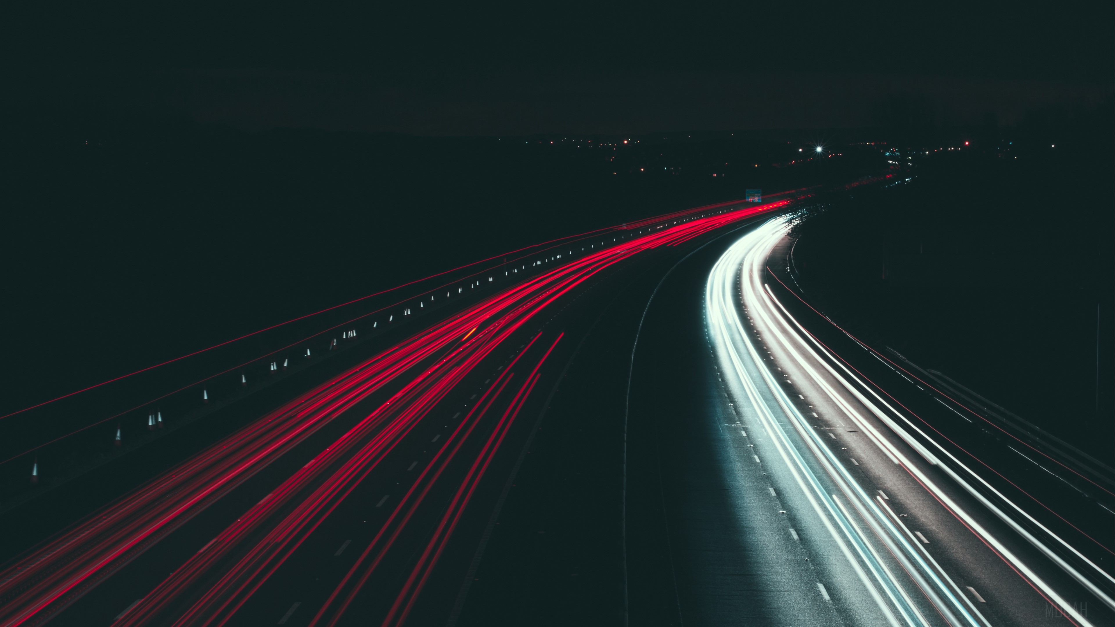 Highway at night with light trails HD Wallpaper
