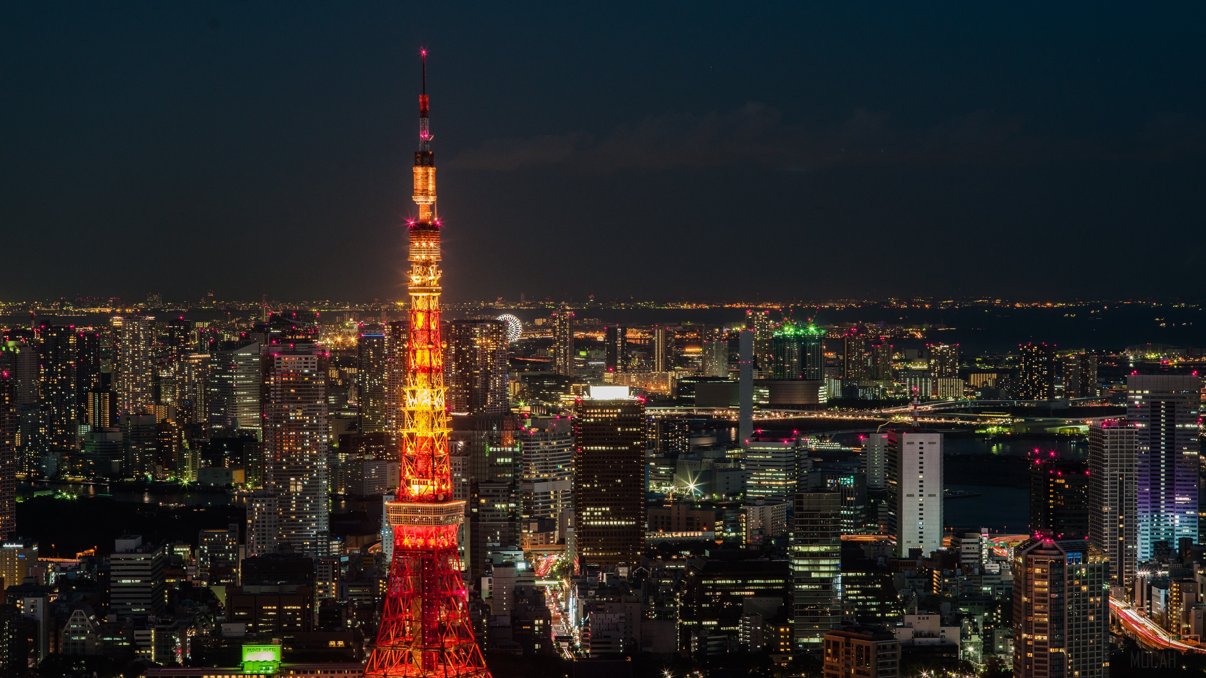 Tokyo Tower and city skyline at night 4K HD Wallpaper