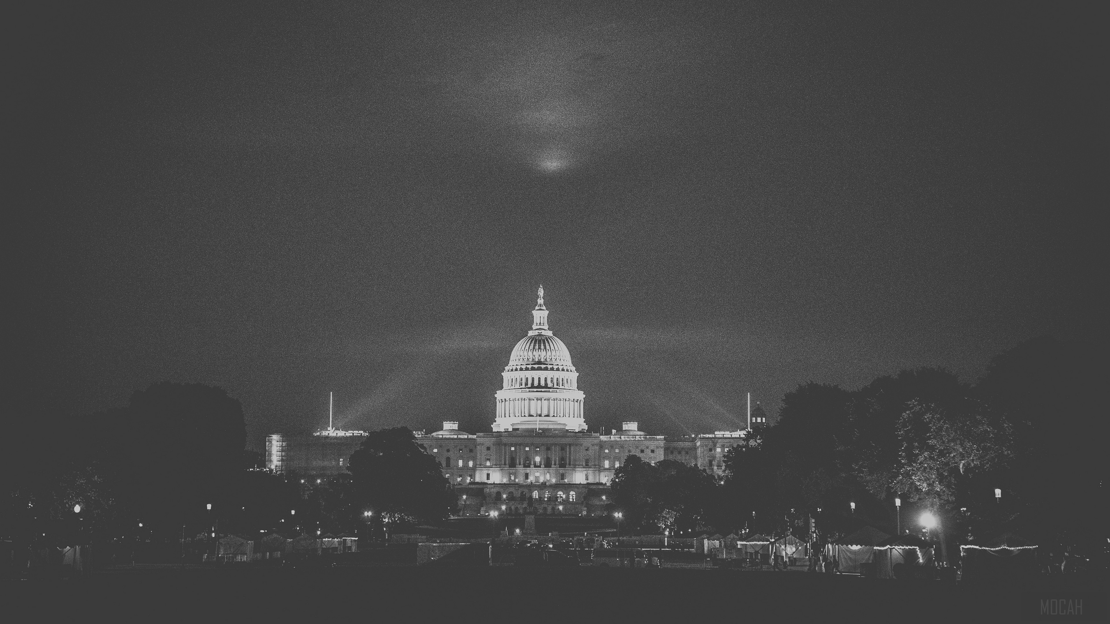 United States Capitol Building at night, black and white, 4K HD Wallpaper